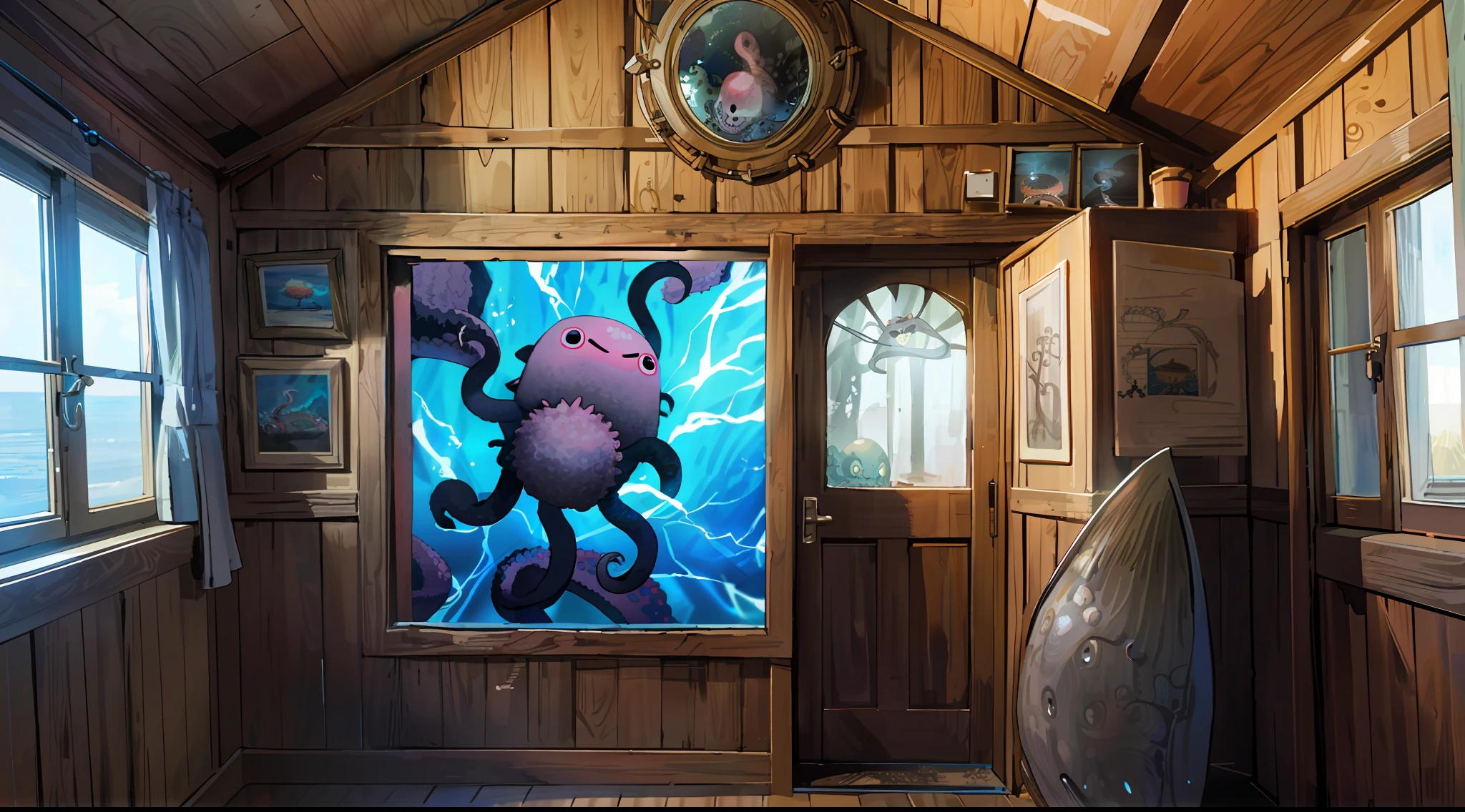 Square with a drawing of a pink Kraken being destroyed by a burst of blue energy