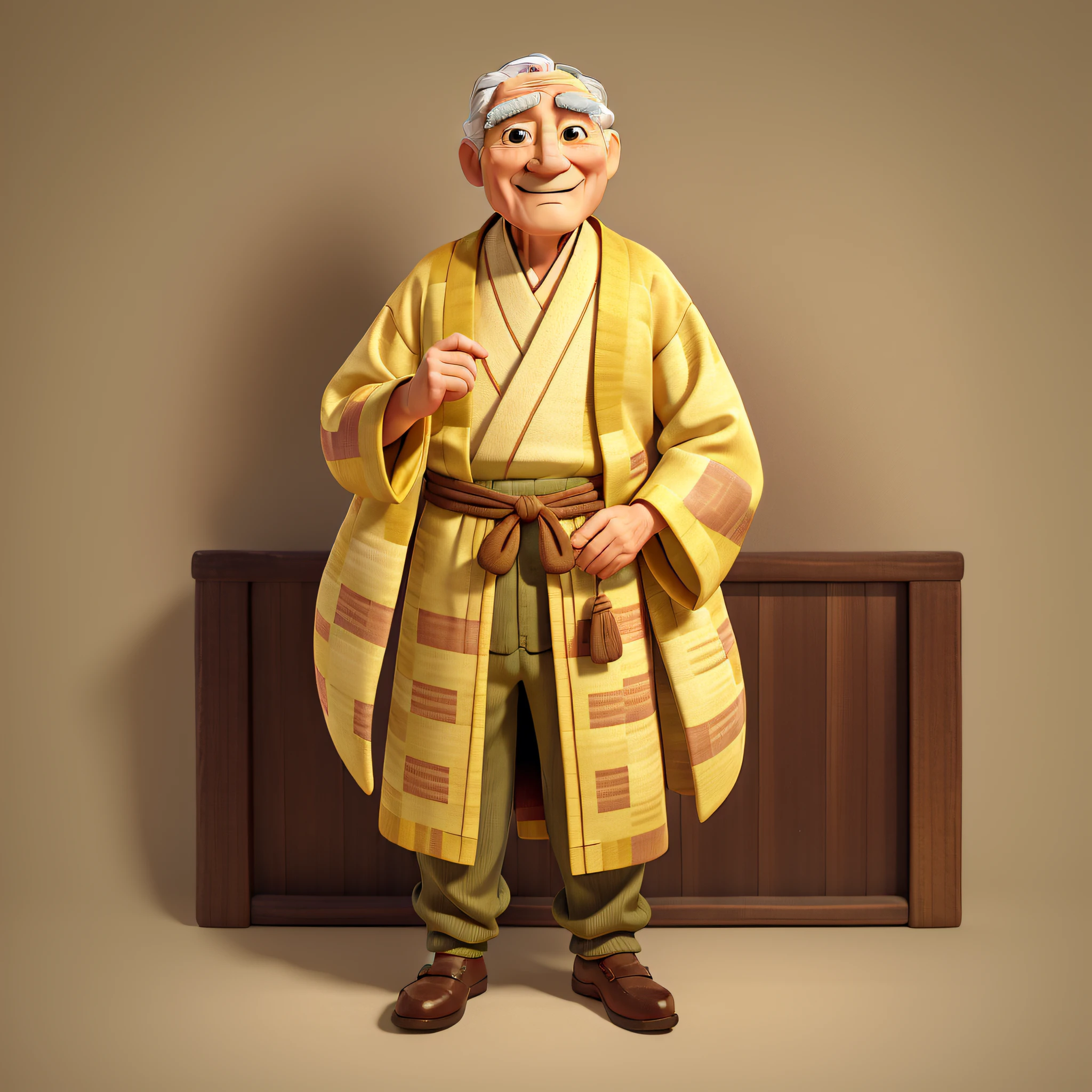 ** Grandfather from Japan folktale, character sheet creation, warm smile, wrinkles at the corners of the eyes, old yellow kimono, old yellow kimono, the fabric feels old, style similar to Pixar animation, lighting is natural and soft, color tone mixes warm and cold colors, reflects his wisdom and kindness, alone, (full body)
