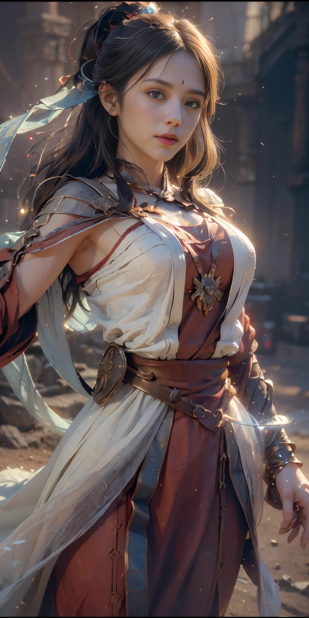 (Best Quality), ((Masterpiece), (Details: 1.4), 3D, A Beautiful Western Female Figure, Red Clothes, Delicate Decorations, On Stage, HDR (High Dynamic Range), Ray Tracing, NVIDIA RTX, Super-Resolution, Unreal 5, Subsurface Scattering, PBR Texture, Post Processing, Anisotropic Filtering, Depth of Field, Maximum Clarity and Clarity, Multi-layered Textures, Albedo and Highlight Maps, Surface shading, accurate simulation of light-material interactions, perfect proportions, Octane Render, two-color light, large aperture, low ISO, white balance, rule of thirds, 8K RAW, yushui