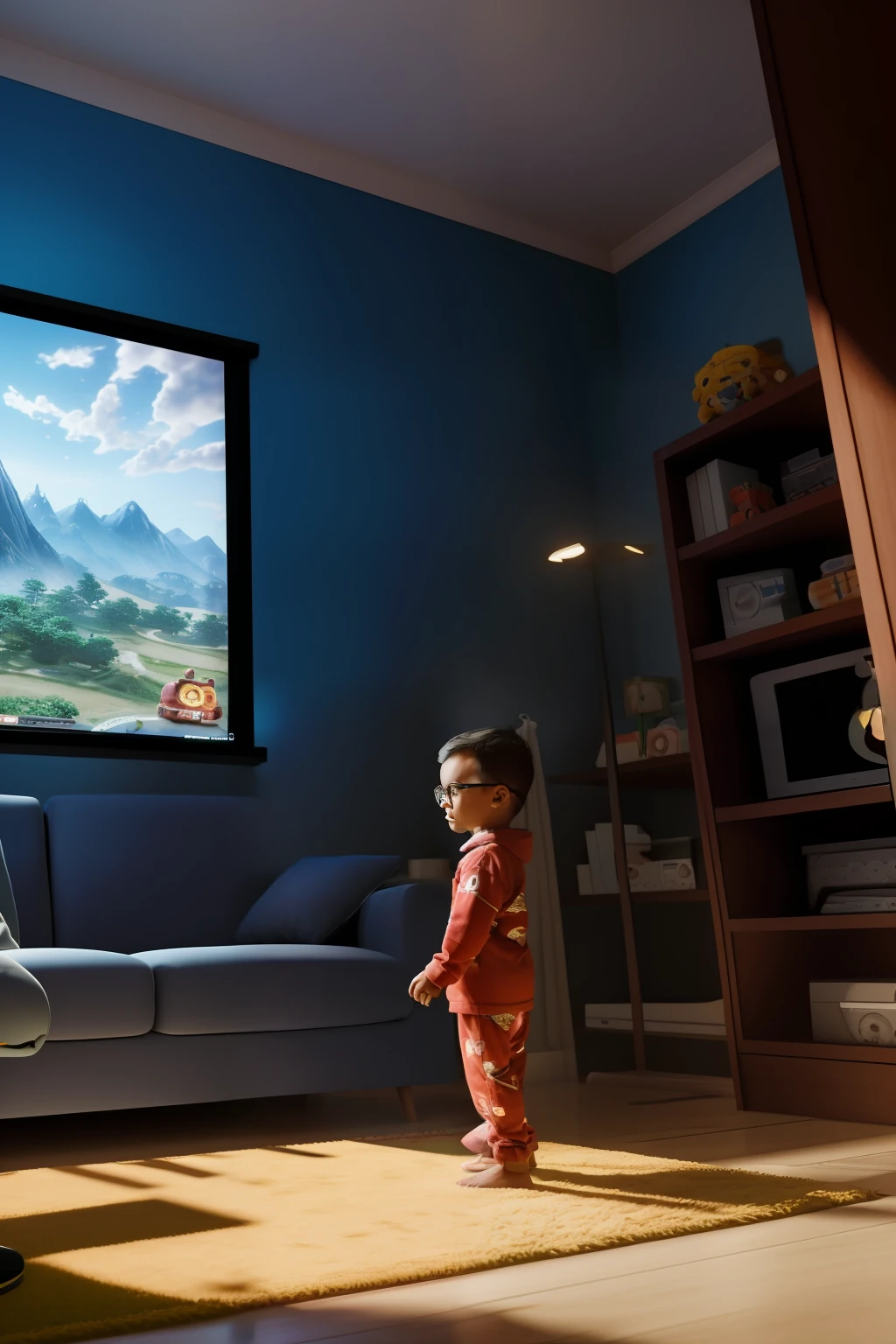 guttonerdvision4, a 3-year-old boy wearing glasses, wearing pajamas, playing video games in his living room. Detailed environment, extremely detailed scene. The boy is introduced by the view of his tv. Eye level, ambient lighting with the light of the rising sun coming from the window. Kinematics, ultra rendering, 8k