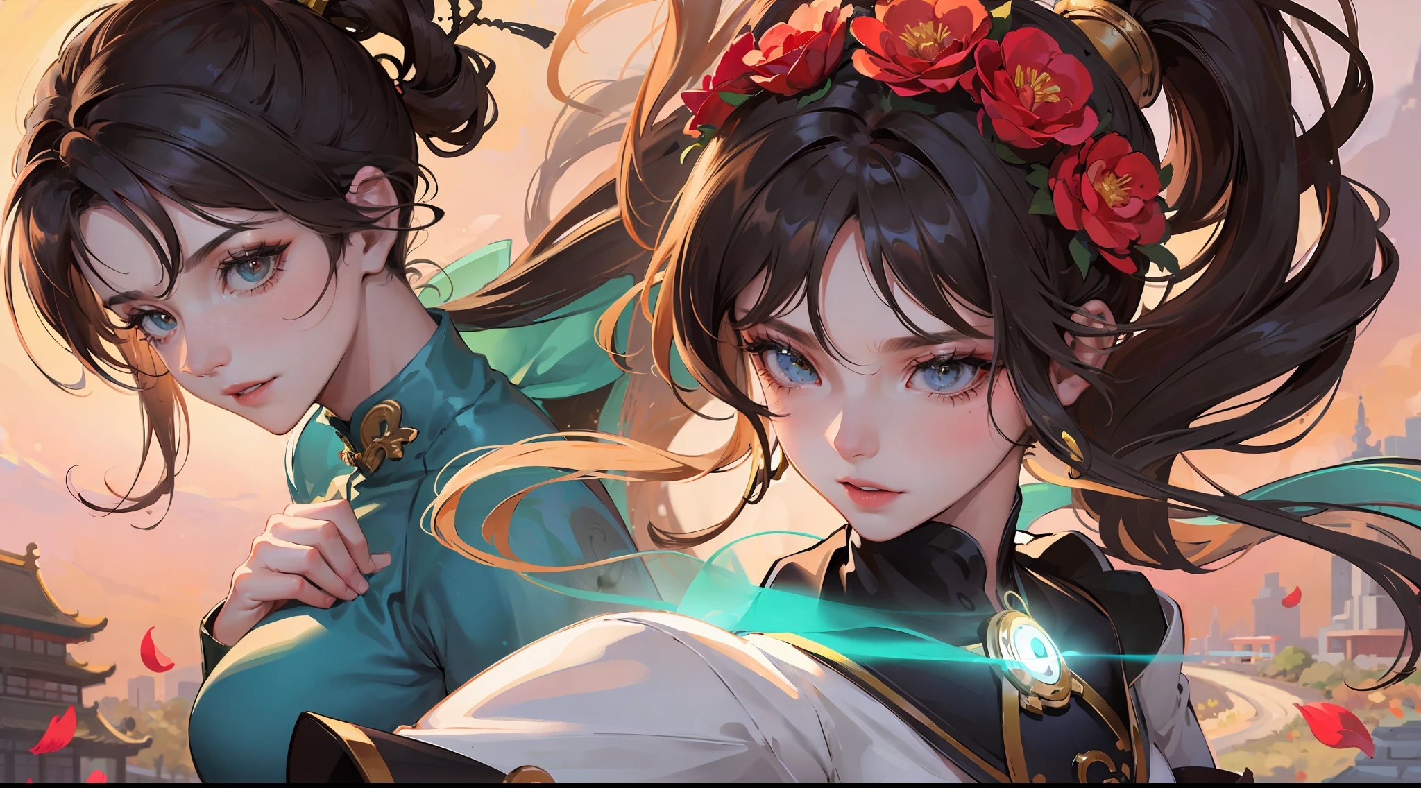 ((Best Quality, 8K, Masterpiece: 1.3)), Chun Li, Masterpiece, Ultra Detail, Ultra HD, 8K, ((Black Pantyhose)), White High Boots, Street Fighter Chun Li, 1girl, Solo, Best Quality, Realistic, Ultra Detailed, (Shiny Skin, Sweating: 1.4), Looking at the Audience, Brown Eyes, Slender, Dynamic Light and Shadow, High Resolution, Sharp Focus, Depth of Field, Fine Eyes, Sharp Pupils, Realistic Pupils, (Thigh Thickness: 1.3), Outdoor, Sky, Detailed Eyes, Backlight, Best Light and Shadow, Intricate Details, Ultra-Detailed Details, Capcom Chunli, Upper Body Close-up, Small Thin Waist, Slim Abdomen, Character Standing, Sideways, Looking Back, Big Eyes, Long Eyelashes, Delicate Nose, Instagram-style Girl, Kung Fu Pose, (Upper Body Portrait: 1.5), Above the Waist Frame, Perfect Digital Illustration, Computer Background, Wind, Petals, Flowing Long Hair, Artistic Conception, Messy Red Petal Background, Ancient Chinese Architecture, Temple, Temple on the Mountain, Rugged Mountain Road Behind, Green mountains and green water, the scenery of Zhangjiajie