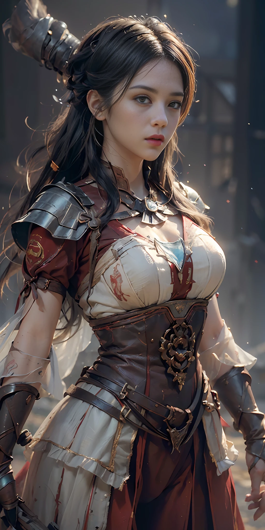 (Best Quality), ((Masterpiece), (Details: 1.4), 3D, A Beautiful Western Female Figure, Red Clothes, Delicate Decorations, On Stage, HDR (High Dynamic Range), Ray Tracing, NVIDIA RTX, Super-Resolution, Unreal 5, Subsurface Scattering, PBR Texture, Post Processing, Anisotropic Filtering, Depth of Field, Maximum Clarity and Clarity, Multi-layered Textures, Albedo and Highlight Maps, Surface shading, accurate simulation of light-material interactions, perfect proportions, Octane Render, two-color light, large aperture, low ISO, white balance, rule of thirds, 8K RAW, yushui