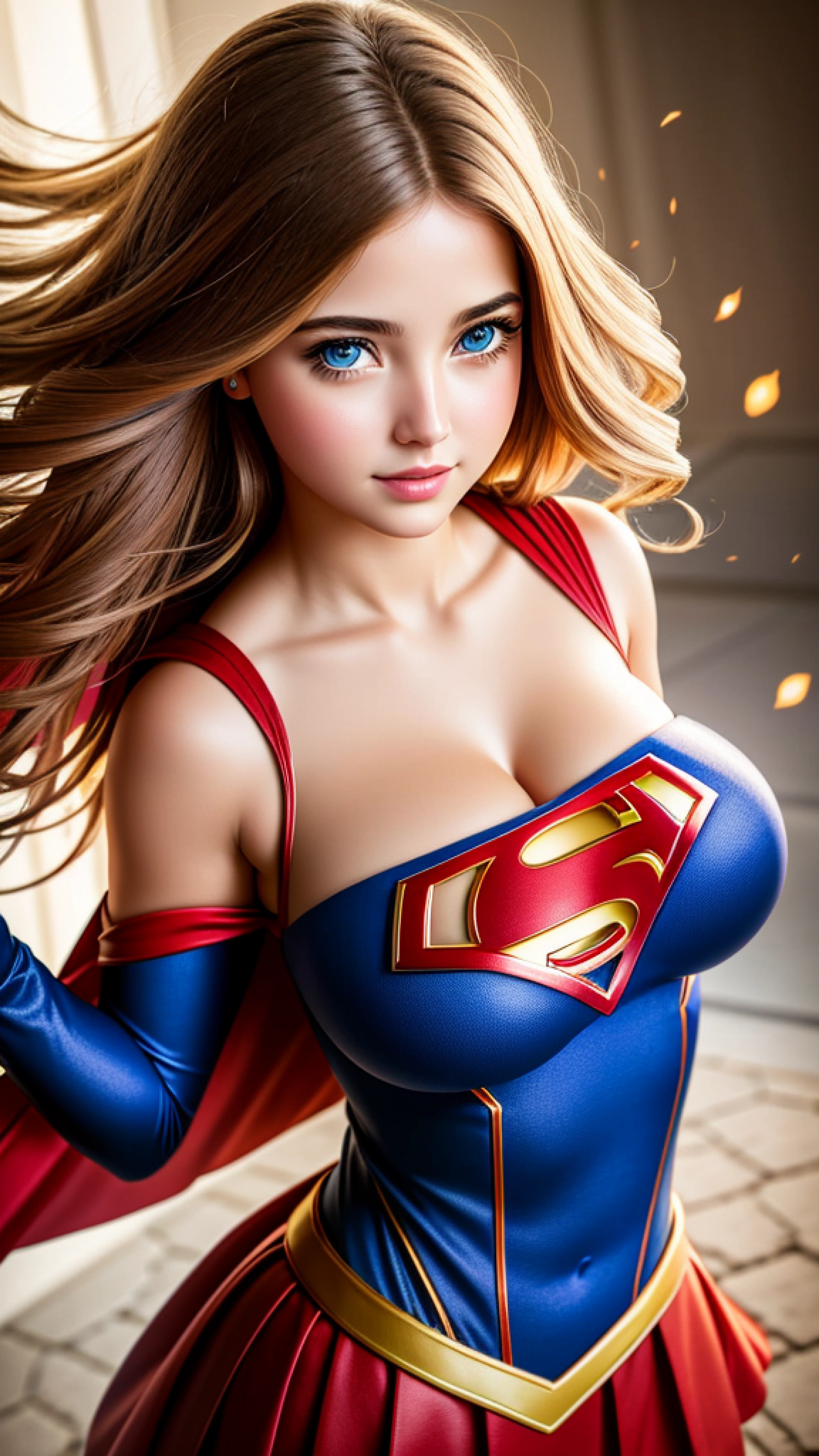 photo portrait of  the Supergirl, colorful, realistic round eyes, dreamy magical atmosphere, superheroine costume,  (large breasts:1.3),