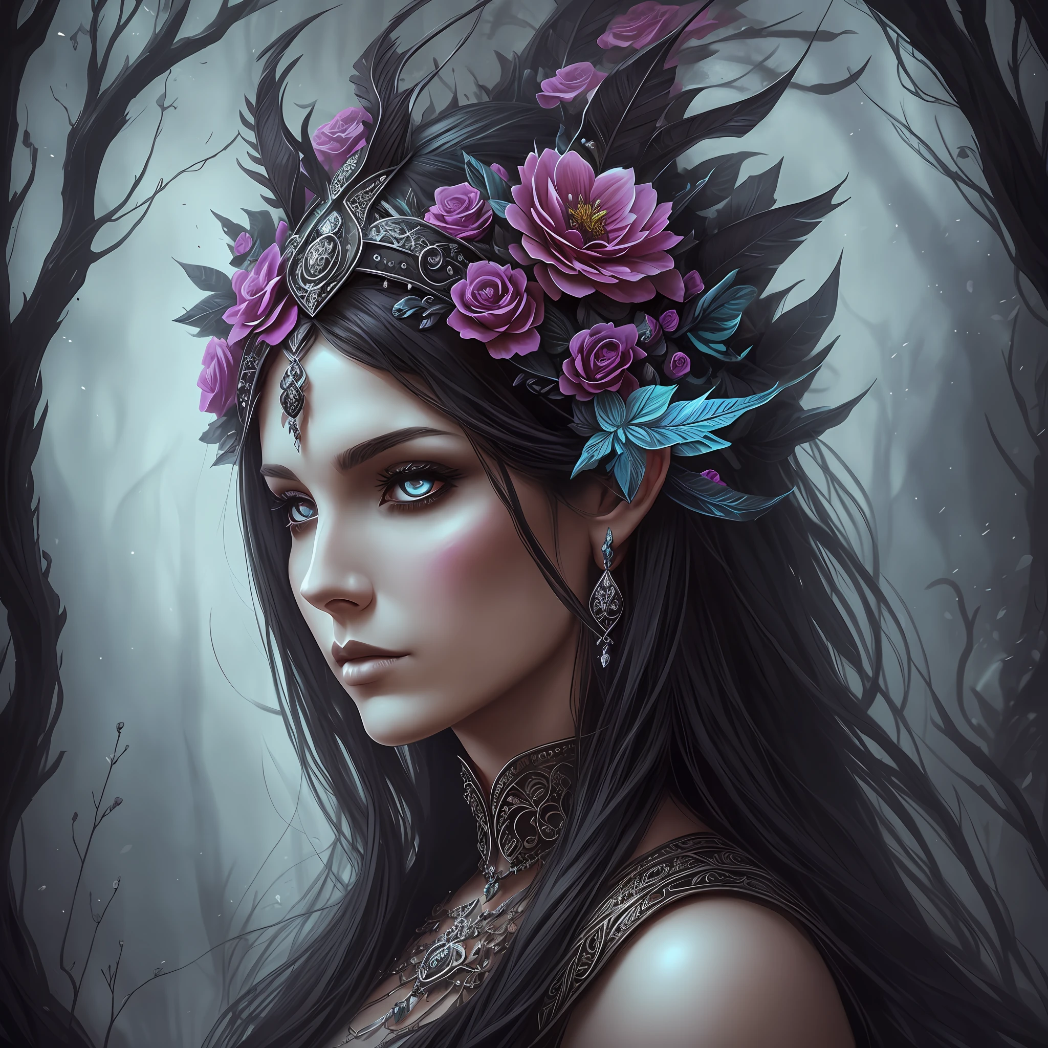 there is a woman with a skull headdress and a flower in her hair, dark fantasy style art, epic fantasy art style hd, fantasy art style, fantasy concept art portrait, epic fantasy art style, detailed matte fantasy portrait, epic fantasy digital art style, epic fantasy art portrait, fantasy art portrait, fantasy style art, 4k highly detailed digital art --auto --s2