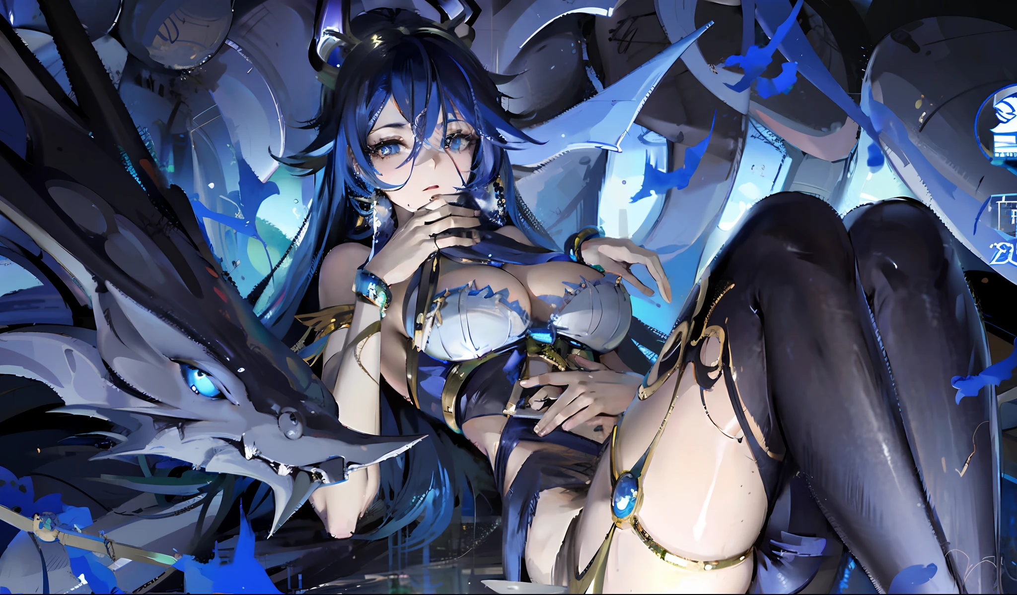 anime girl with blue hair and black dress sitting on a rock, mystical anubis valkyrie, beautiful succubus, anime monster girl, demon anime girl, hestia, blue scales covering her chest, succubus in tight short dress, anime goddess, mika kurai demon, blue djinn, succubus, seductive anime girl, 2. 5 d cgi anime fantasy artwork