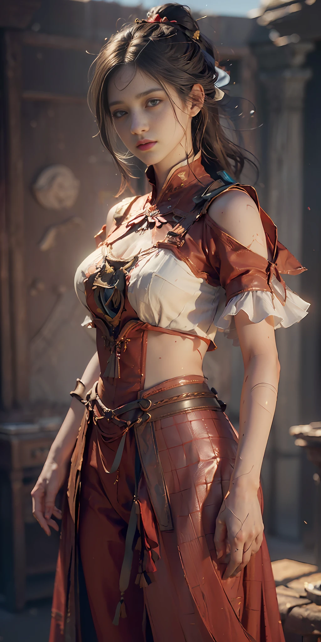 (Best Quality), ((Masterpiece), (Details: 1.4), 3D, A Beautiful Western Female Figure, Red Clothes, Delicate Decorations, On Stage, HDR (High Dynamic Range), Ray Tracing, NVIDIA RTX, Super-Resolution, Unreal 5, Subsurface Scattering, PBR Texture, Post Processing, Anisotropic Filtering, Depth of Field, Maximum Clarity and Clarity, Multi-layered Textures, Albedo and Highlight Maps, Surface shading, accurate simulation of light-material interactions, perfect proportions, Octane Render, two-color light, large aperture, low ISO, white balance, rule of thirds, 8K RAW, yushui