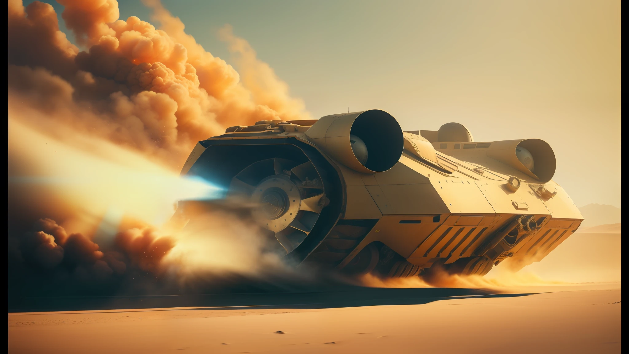 there is a large vehicle that is driving through the desert, in an arena in movie dune-2021, dribbble, spaceship exploding, hyperealistic photo, broken machinery, mechanical owl, 21:9, locomotive, anamorphic, blazing engines, exploding into dust, brom redshift, kit bash, credit esa, photo of, by mads berg