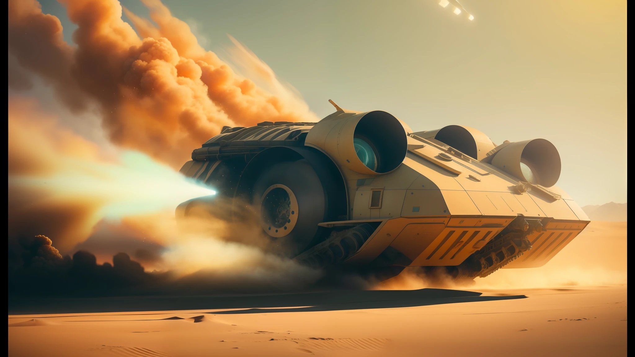 there is a large vehicle that is driving through the desert, in an arena in movie dune-2021, dribbble, spaceship exploding, hyperealistic photo, broken machinery, mechanical owl, 21:9, locomotive, anamorphic, blazing engines, exploding into dust, brom redshift, kit bash, credit esa, photo of, by mads berg