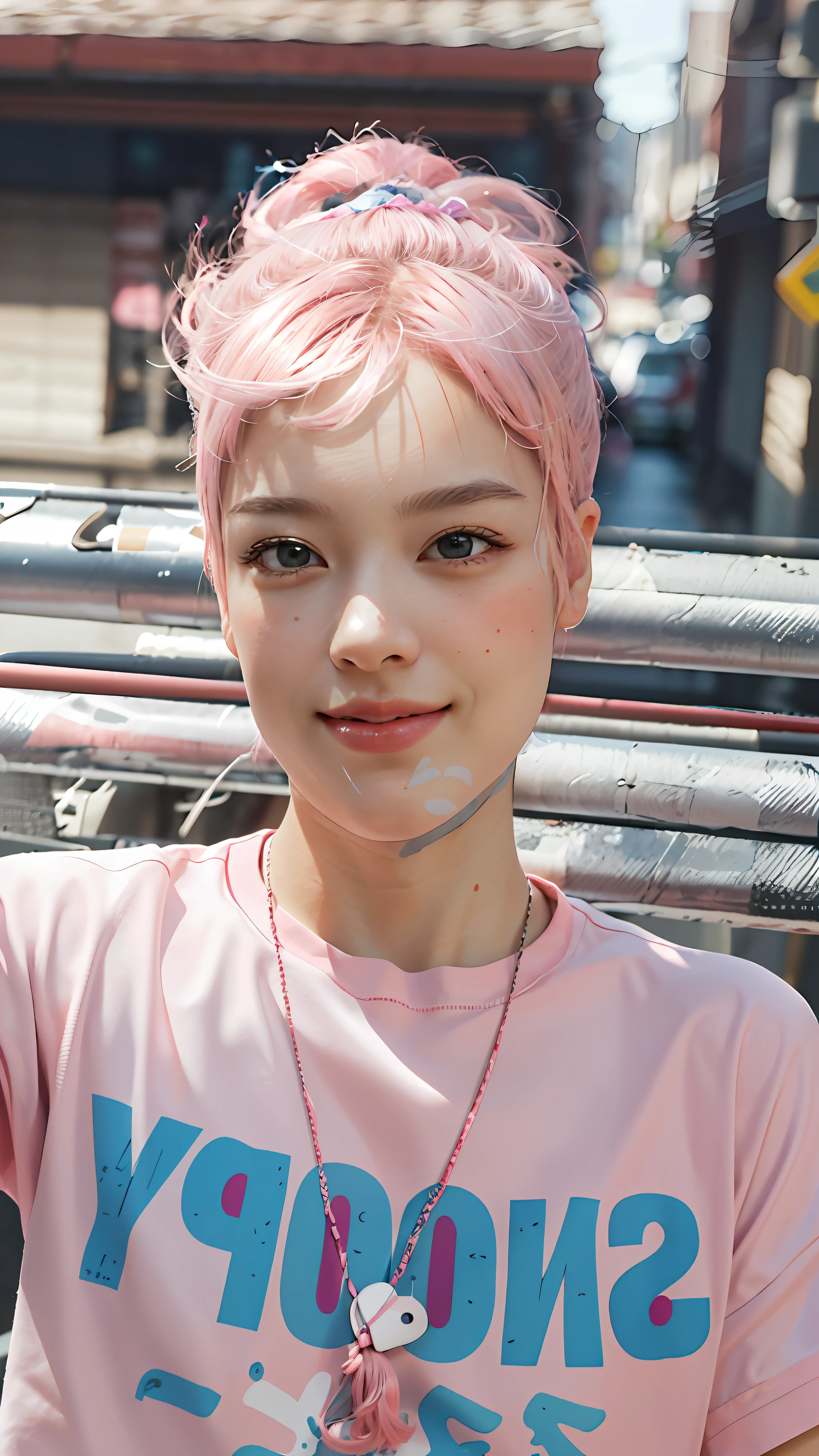 (masterpiece, best quality), ultra-realistic photo, ultra-detailed texture, (dynamic angle, 1 girl solo), perfect face, attractive feminine body, ponytail, bang, pink hair, 8k resolution