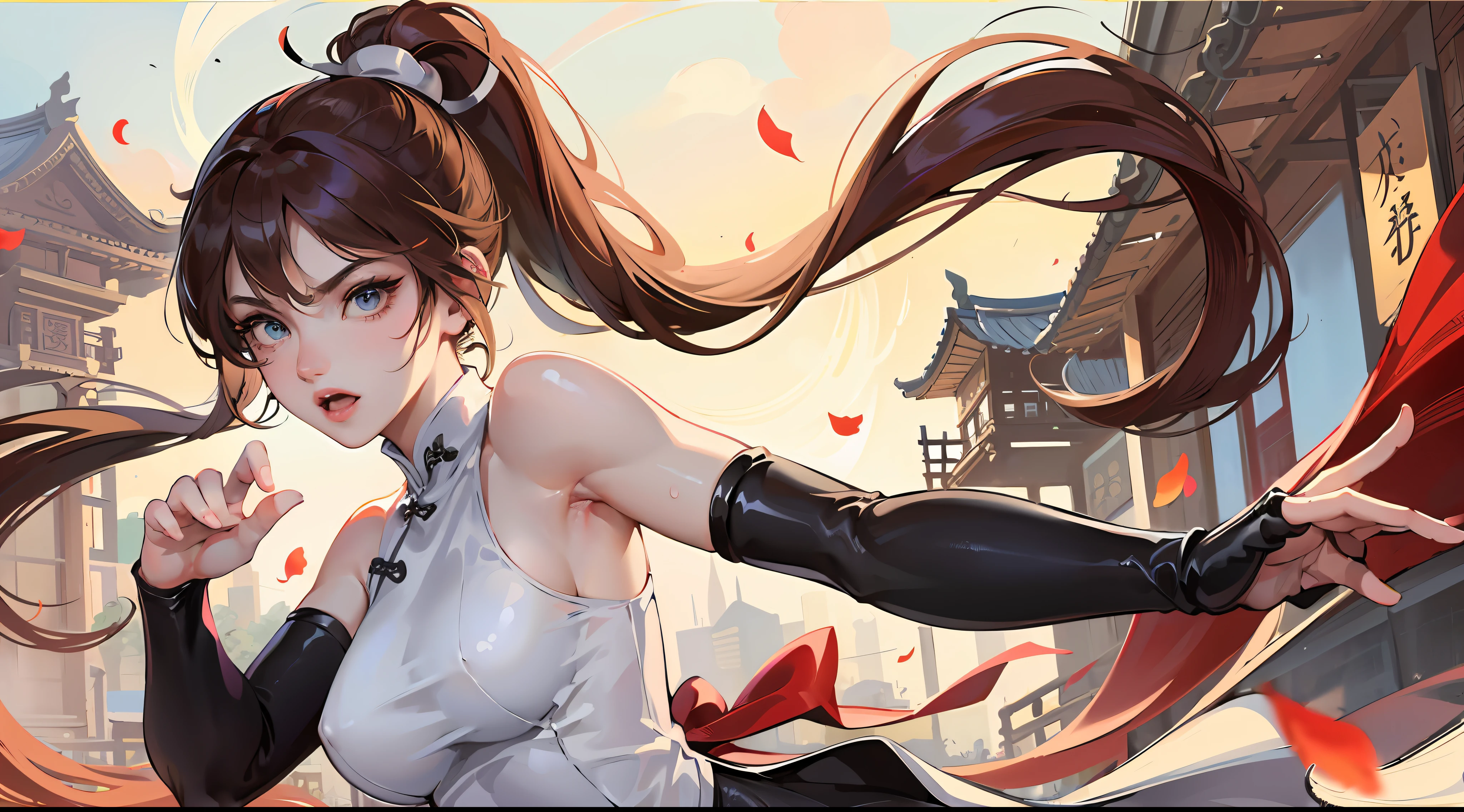 ((Best Quality, 8K, Masterpiece: 1.3)), Chun Li, Masterpiece, Ultra Detail, Ultra HD, 8K, ((Black Pantyhose)), White High Boots, Street Fighter Chun Li, 1girl, Solo, Best Quality, Realistic, Ultra Detailed, (Shiny Skin, Sweating: 1.4), Looking at the Audience, Brown Eyes, Slender, Dynamic Light and Shadow, High Resolution, Sharp Focus, Depth of Field, Fine Eyes, Sharp Pupils, Realistic Pupils, (Thigh Thickness: 1.3), Outdoor, Sky, Detailed Eyes, Backlight, Best Light and Shadow, Intricate Details, Ultra Detailed Details, Capcom Chunli, Upper Body Close-up, Small Thin Waist, Slim Abdomen, Character Standing, Sideways, Looking Back, Big Eyes, Long Eyelashes, Delicate Nose, Instagram Style Girl, Kung Fu Pose, (Upper Body: 1.5), Above the Waist Frame, Perfect Digital Illustration, Computer Background, Wind, Petals, Long Flowing Hair, Artistic Conception, Messy Red Petal Background, Ancient Chinese Architecture, Temple, Temple, Mountain Road Behind You