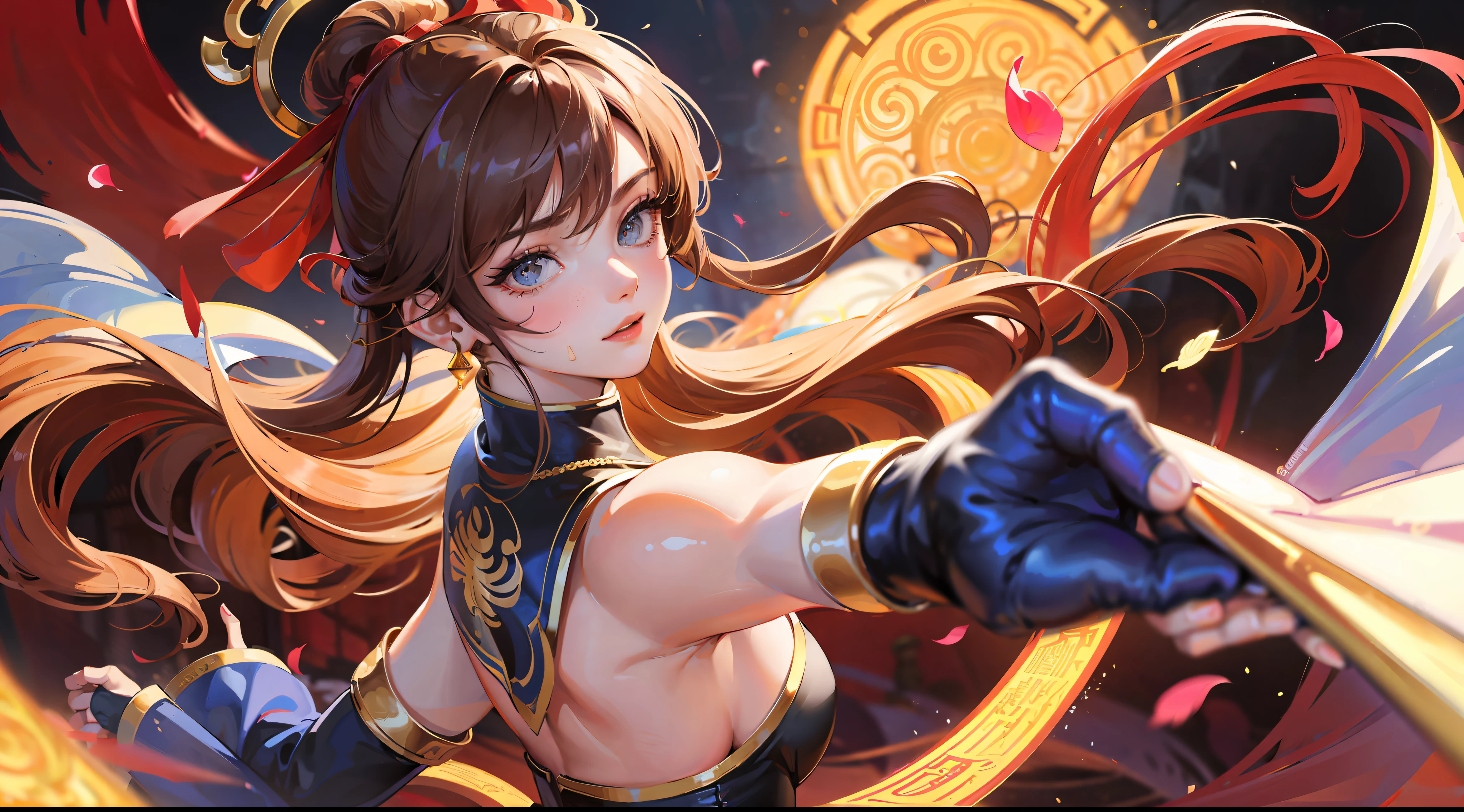 ((Best Quality, 8K, Masterpiece: 1.3)), Chun Li, Masterpiece, Ultra Detail, Ultra HD, 8K, ((Black Pantyhose)), White High Boots, Street Fighter Chun Li, 1girl, Solo, Best Quality, Realistic, Ultra Detailed, (Shiny Skin, Sweating: 1.4), Looking at the Audience, Brown Eyes, Slender, Dynamic Light and Shadow, High Resolution, Sharp Focus, Depth of Field, Fine Eyes, Sharp Pupils, Realistic Pupils, (Thigh Thickness: 1.3), Outdoor, Sky, Detailed Eyes, Backlight, Best Light and Shadow, Intricate Details, Ultra Detailed Details, Capcom Chunli, Upper Body Close-up, Small Thin Waist, Slim Abdomen, Character Standing, Sideways, Looking Back, Big Eyes, Long Eyelashes, Delicate Nose, Instagram Style Girl, Kung Fu Pose, (Upper Body: 1.5), Above the Waist Frame, Perfect Digital Illustration, Computer Background, Wind, Petals, Long Flowing Hair, Artistic Conception, Messy Red Petal Background, Ancient Chinese Architecture, Temple, Temple, Mountain Road Behind You