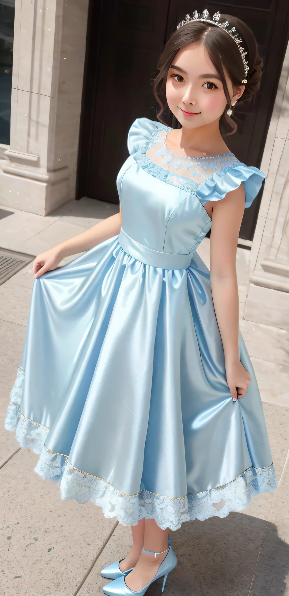 araffe dressed in a blue dress and high heels posing for a picture, sky - blue dress, blue silk dress, wearing a plastic blue dress, beautiful silky dress, a blue dress, blue dress, light blue dress portrait, icey blue dress, victorian blue dress, satin, pale blue, fantasy dress, magical dress, wearing blue dress, in blue dress