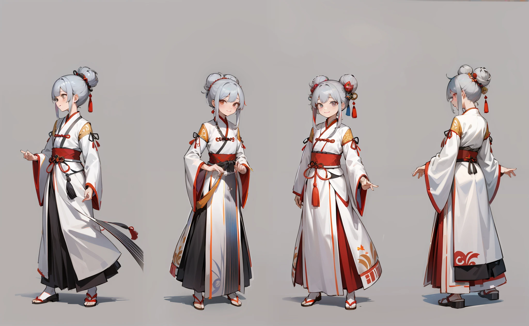 whitebackground, Hanfu, traditional Chinese clothes, cloth shoes, a girl, multicolored hair, multicolored hair, silver hair, grey hair, black hair, hair behind ear, hair bun, crossed bangs, kanzashi, star-shaped pupils, gradient eyes, smile, Ghibli-like colours, anime style, blending, character chart, reference sheet, multiple views, three sided view, anatomically correct, ccurate, masterpiece, UHD, super detail, high details, high quality, best quality, highres, 8k --auto --s2