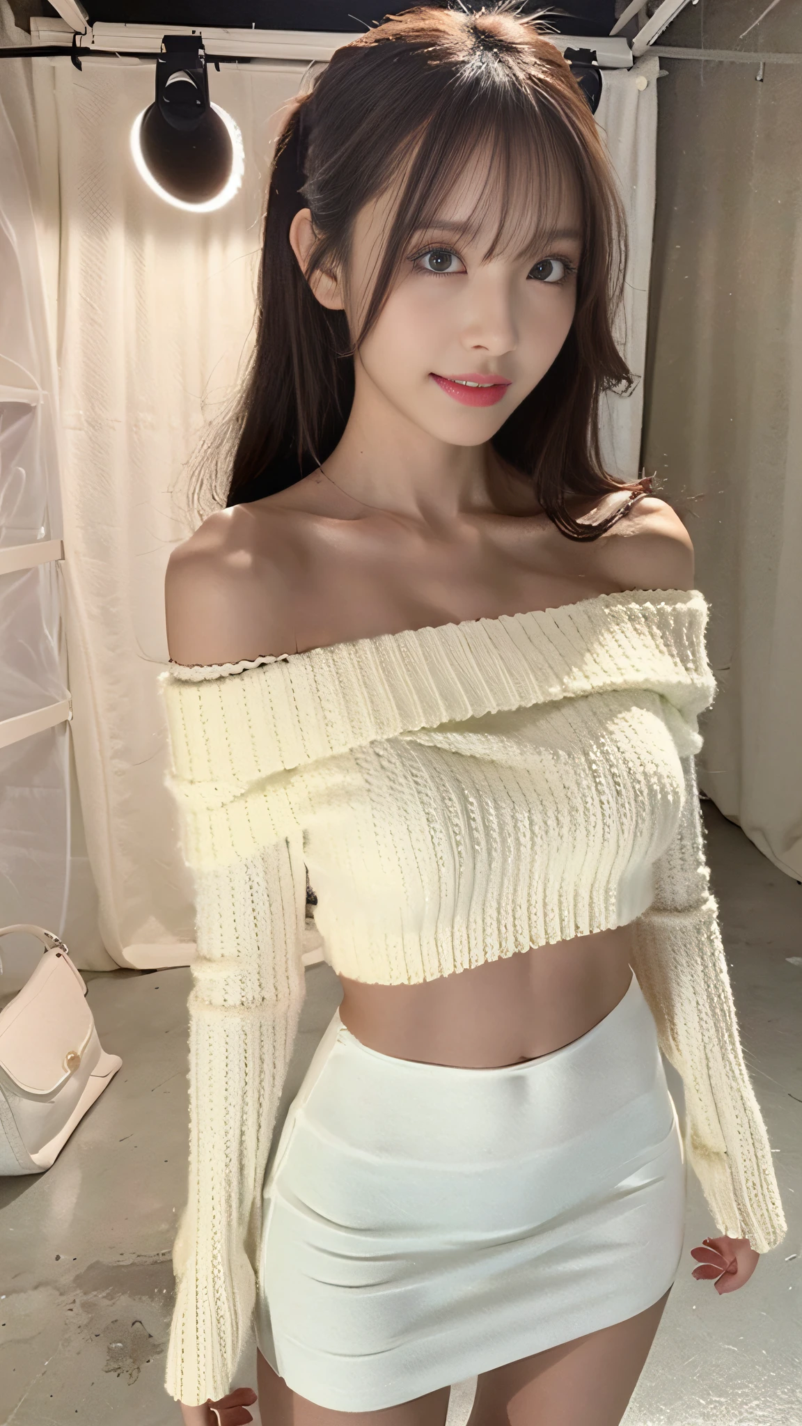 Fashion coordination shooting in photography studio, cute Hong Kong girl standing in front of white wall, model pose, cool expression, long brown hair, off-shoulder knit, white , strobe lighting on face, super realistic, masterpiece