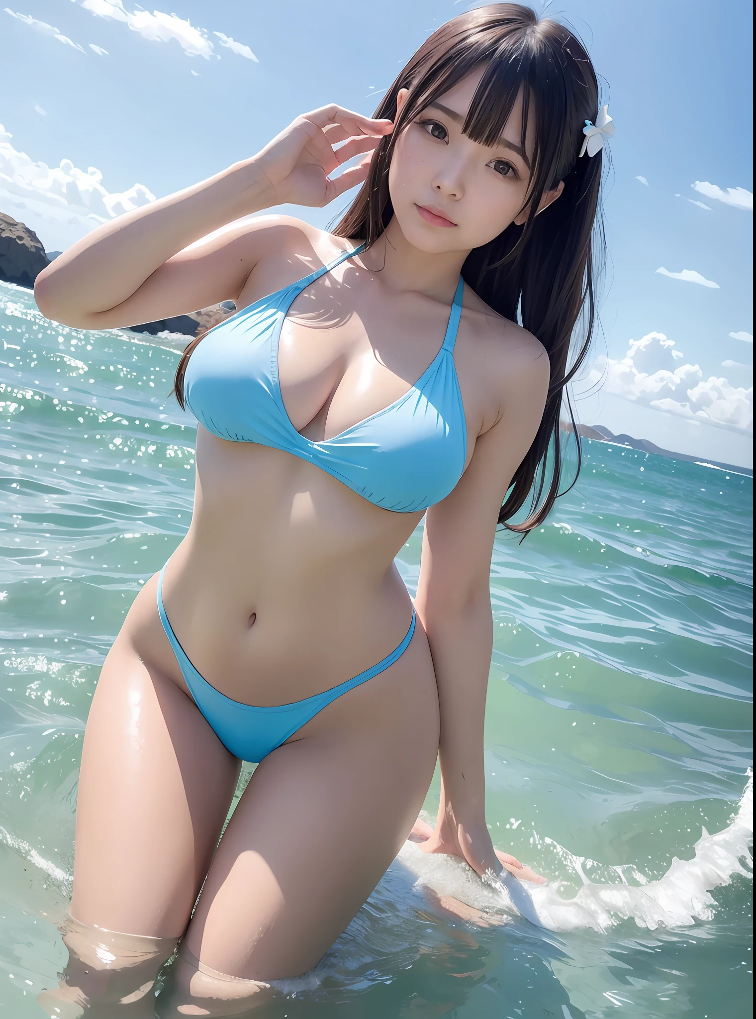 8k, (masterpiece), top quality, ultra-realistic 8k, perfect artwork, horizon, sea, water, one girl, bangs, hair bow, bare_shoulders, sea, wading, realistic, waves, huge breasts, breasts,, splashes, outdoor, sexy, small bikini, skimpy clothes, long hair, navel, wet, kneeling, looking viewer, partially underwater shot, photo background, ribbon, solo, Solo Focus, ((Nostalgia, Japan Idol