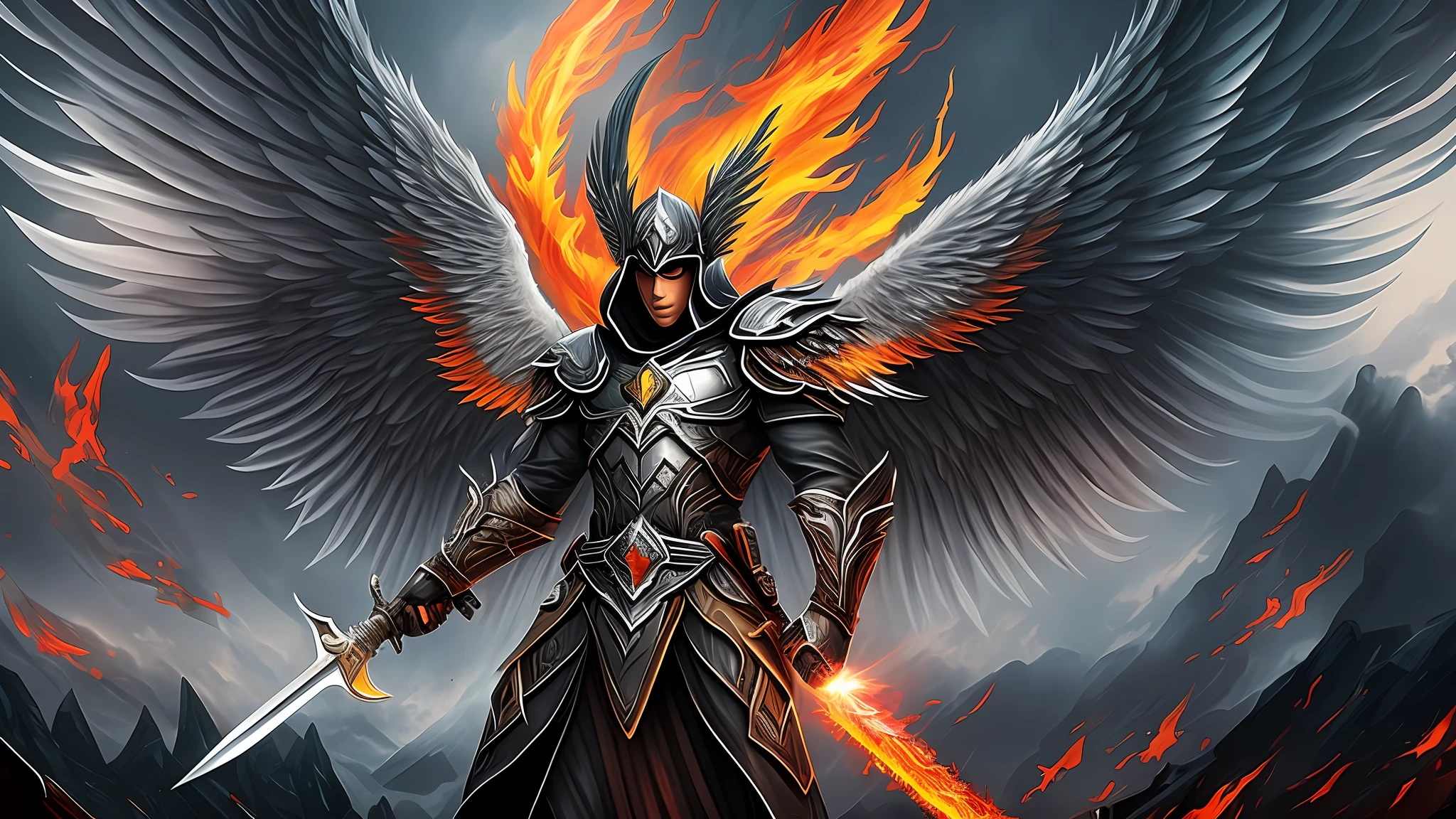 A death angel with 6 pairs of white wings, holding a flaming sword. Its wings are large and majestic, with shiny feathers and sharp tips, while the sword radiates intense and threatening flames. The angel is in an open field, surrounded by dark clouds and lightning, creating an atmosphere of an imminent storm. The air is electrified with energy and tension. Style: Illustration, digital art, --auto --s2