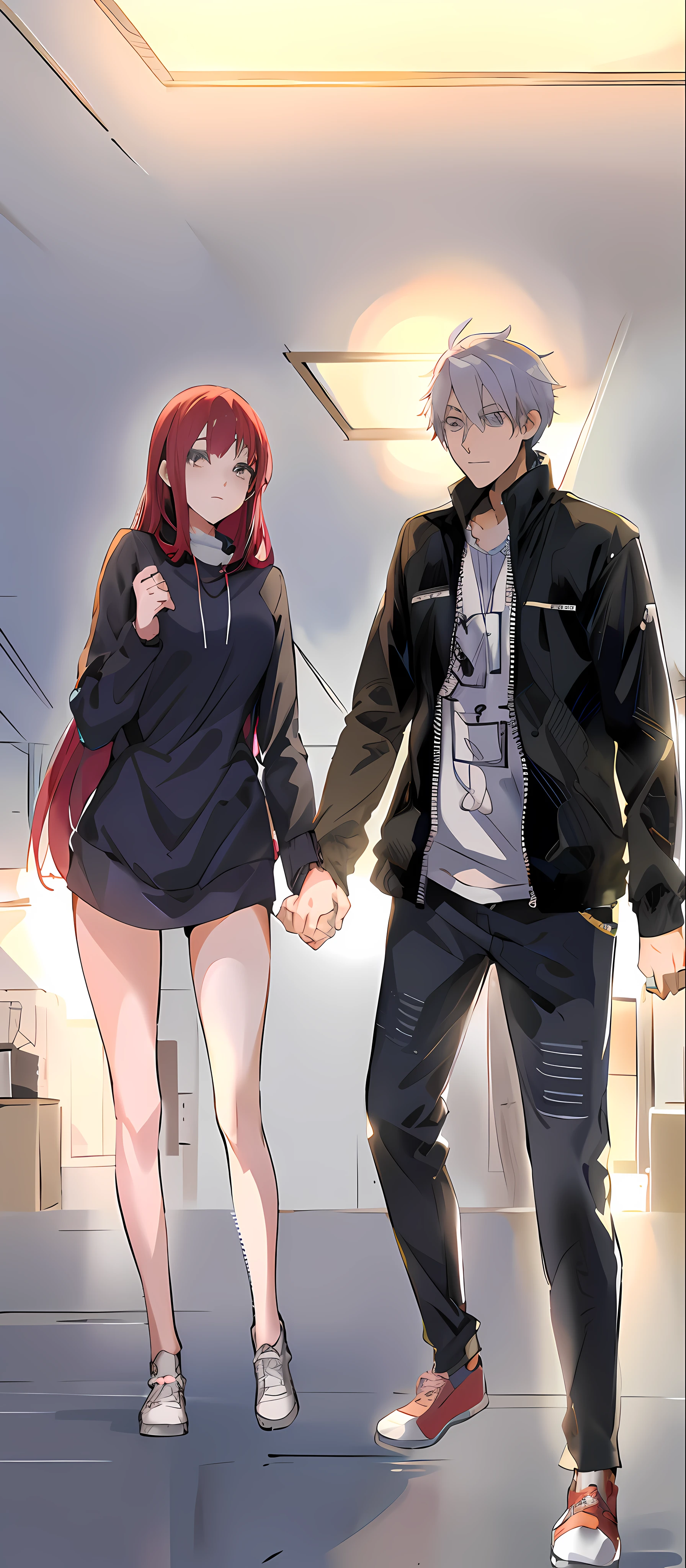 anime - style image of a man and a woman walking in a room, in anime style, holding hands, modern anime style, top rated on pixiv, in an anime style, holding hand, in manga style, style anime, pixiv style, realistic anime artstyle, high quality fanart, ; visual novel, at pixiv, anime artstyle