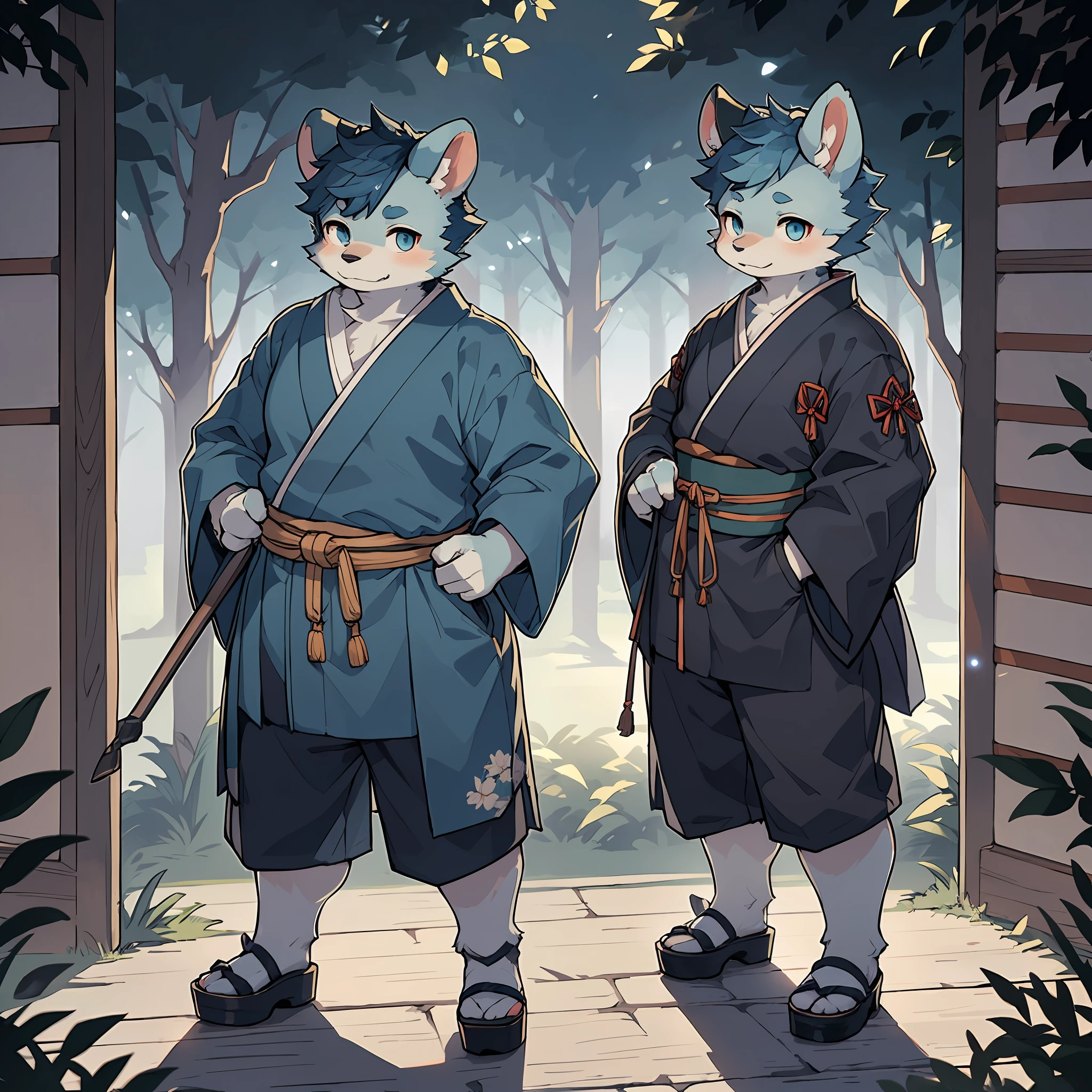 Master work, best image quality, 8k resolution, high detail, depth of field, male, (fat), (orc), thick eyebrows, short eyebrows, (bear ears), (clogs), stout, ((blue hair)), ((Japanese clothing)), standing, looking away, summer night, centered composition, mood lighting, volumetric light, cinematic lighting