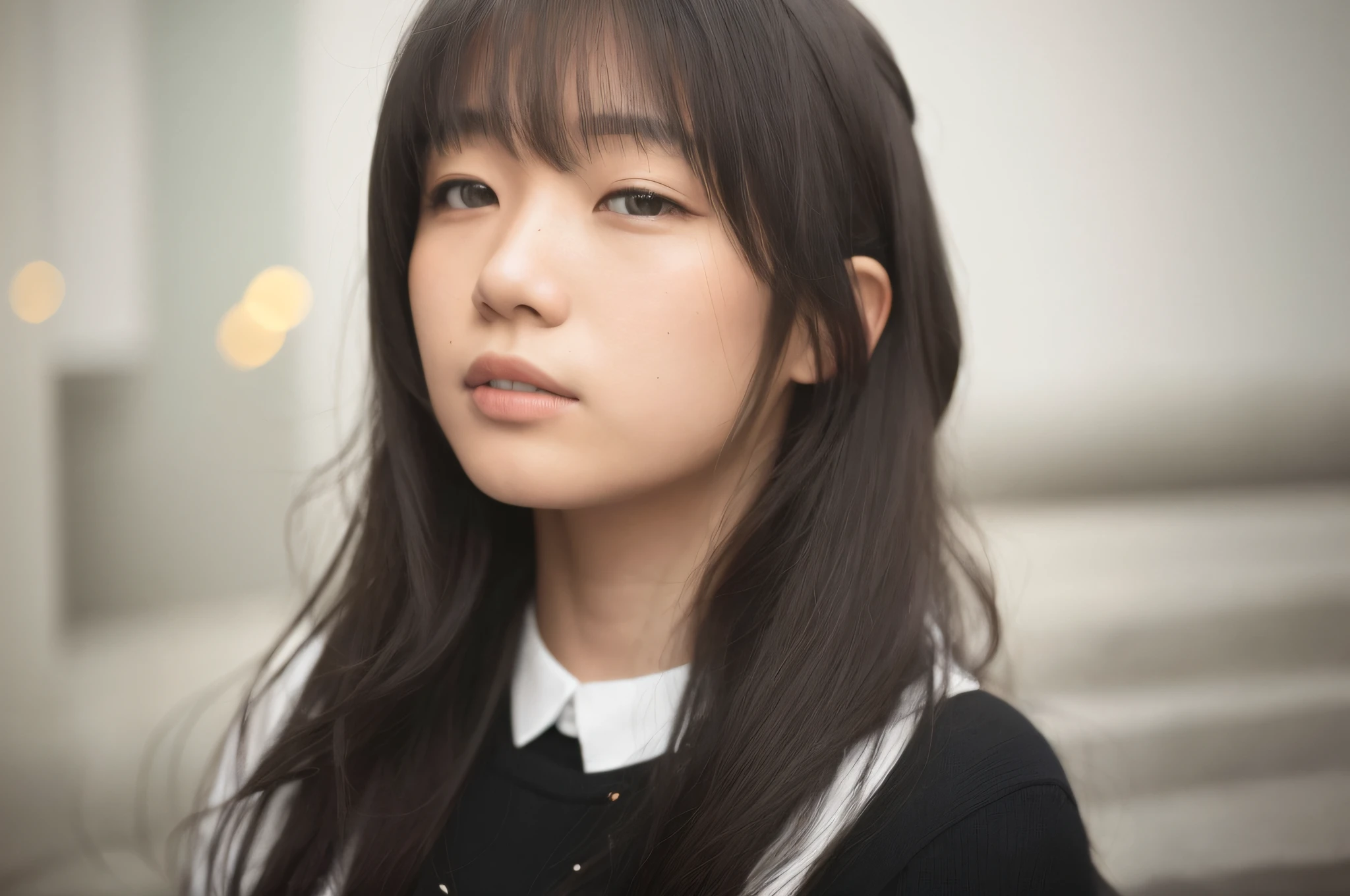 There is a woman with long hair and a white sweater, a portrait of a Japan teen, Chiho, a young asian young woman, a princess cut, a young cute one asian face, a portrait of Japan girls, Midori Ishida with black hair, f/1. 9 6.8 1 mm ISO 4 0, neat hair with bangs, 7 0 mm portrait, bust up, little hanging eyes --auto --s2