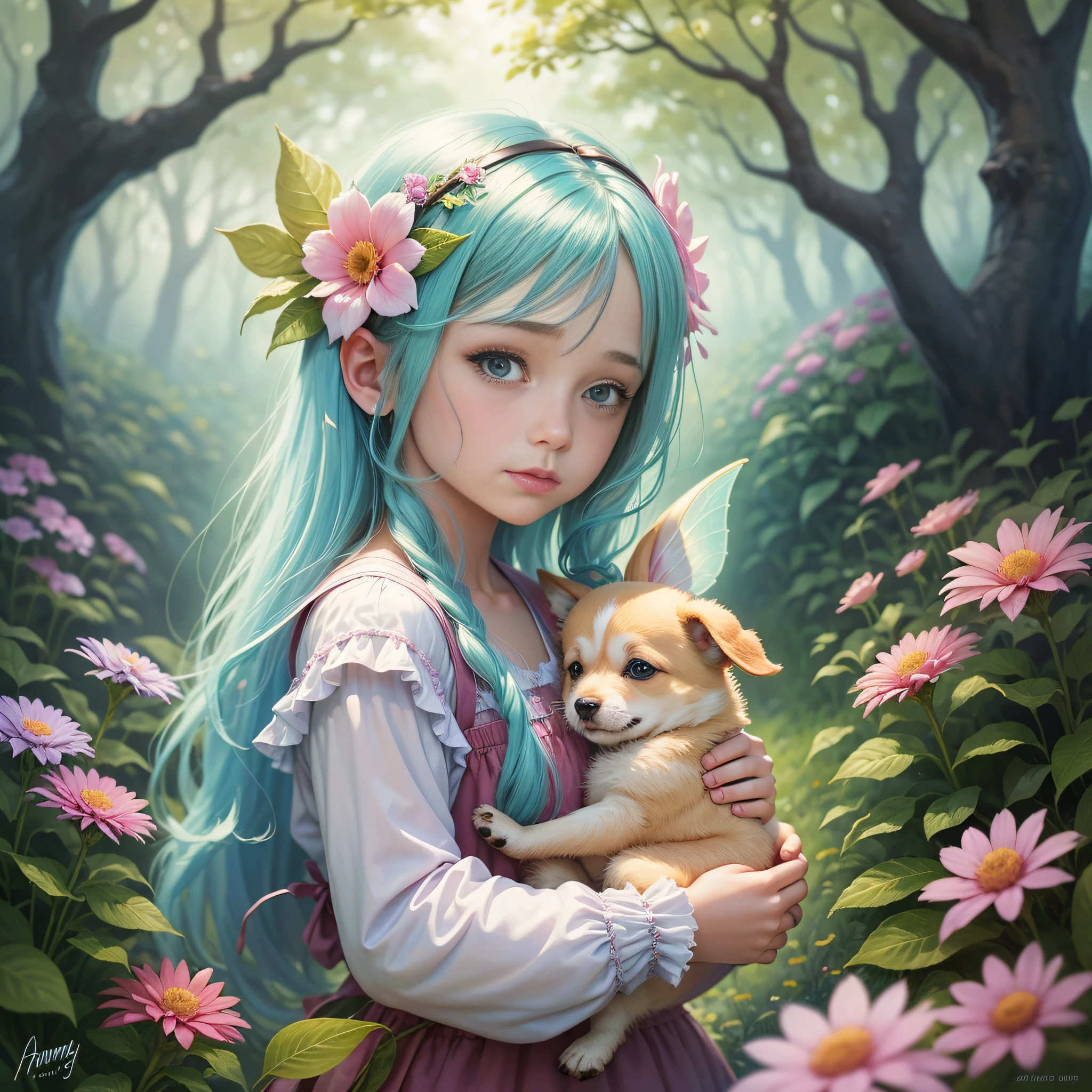 A watercolor painting of a girl named Amy who meets a tiny fairy in a garden full of flowers. The fairy tells her that the flowers have magical powers and only pure and kind people can receive their help. Amy makes a wonderful wish and when she opens her eyes, she is surprised to see that her wish has come true. She has a cute puppy as her companion. --auto --s2