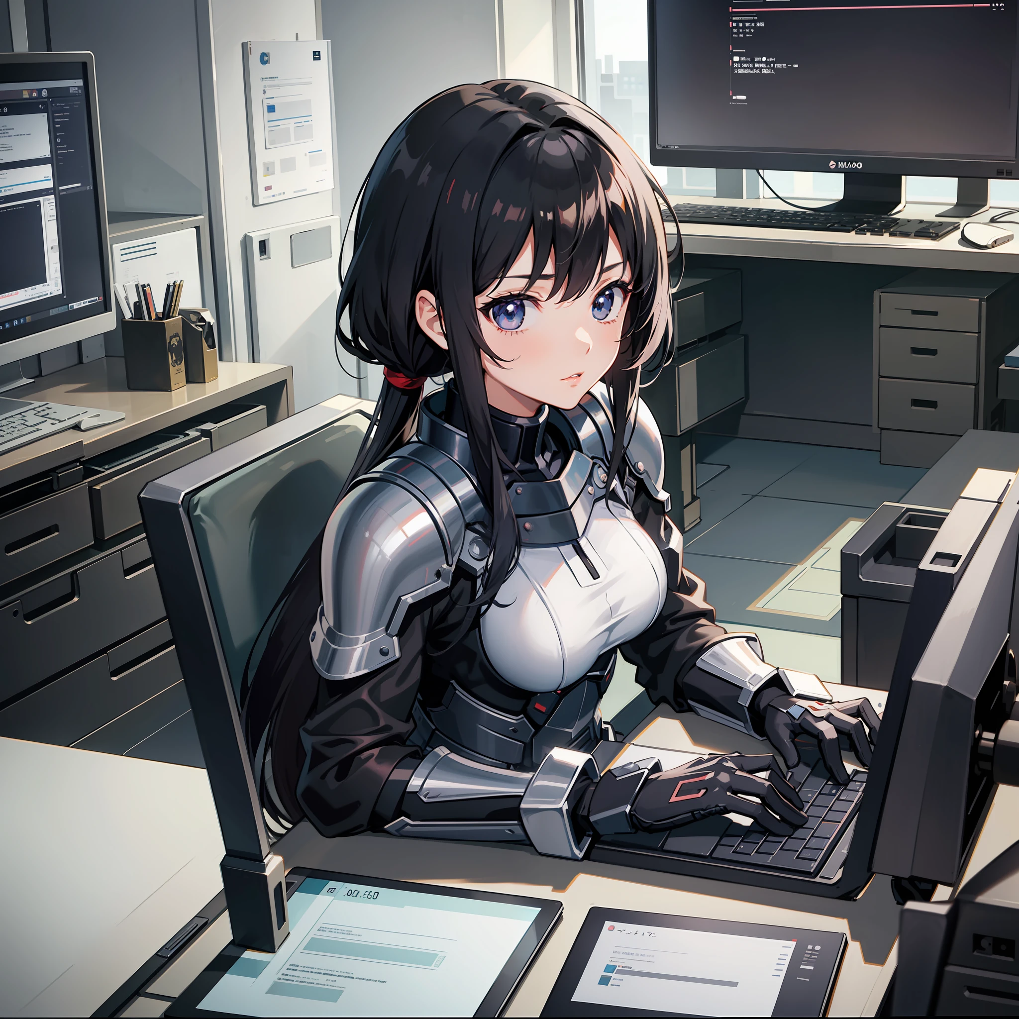 Screenshots of Anime Black-haired girl in armored dress stays at desk with computer and programming on computer in room full of gadgets 8K from 2000 in the style of Hayao Miyazaki, sharp high quality classic anime