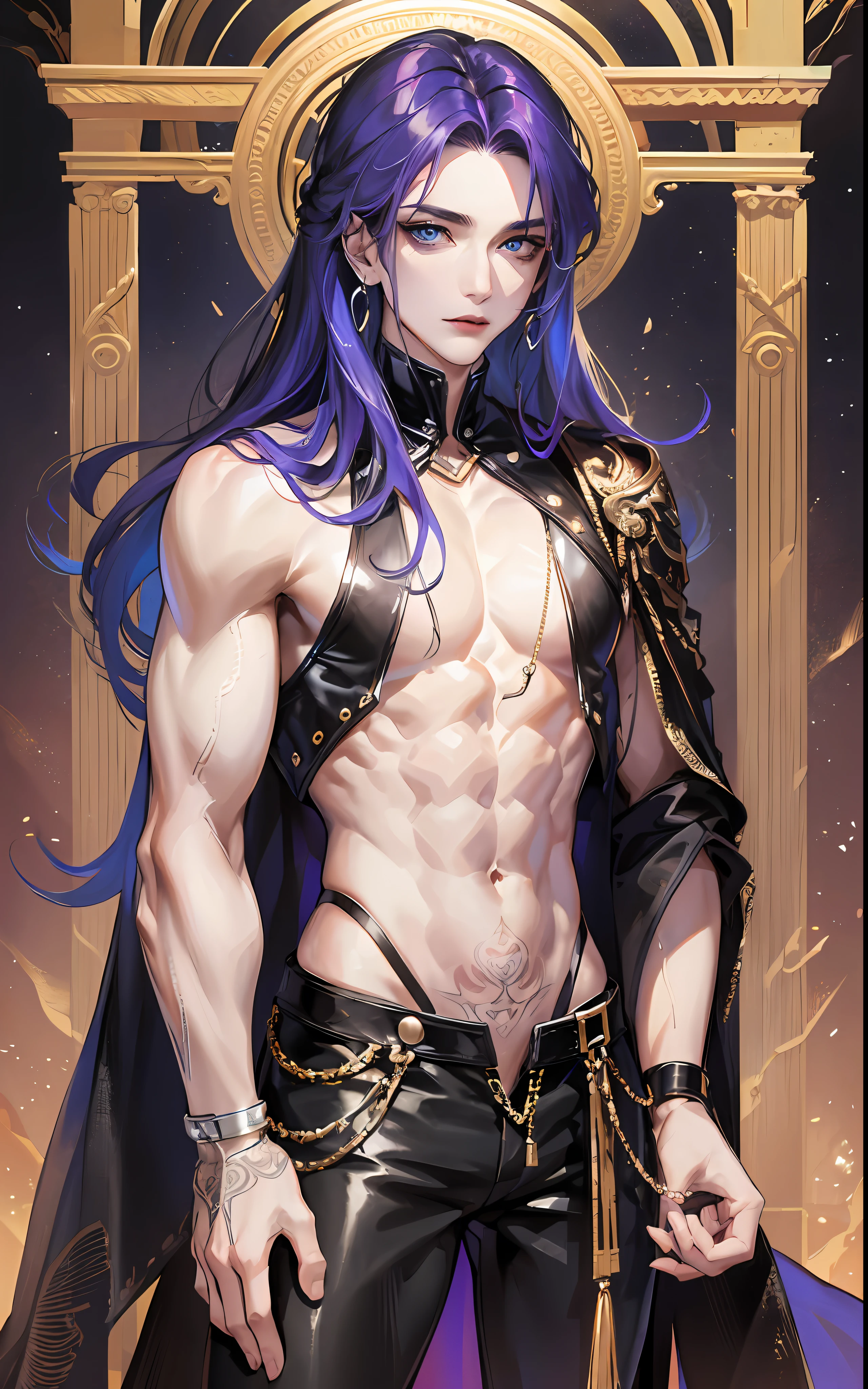 man, masculine, masculine face, attractive, muscular, ((1man)), masterpiece, absurdres, best quality ,intricate details , (shiny skin, shiny body, shiny oily luster skin, shiny hair, pale skintone), Sundown, attractive, ((muscular)), adult, one, tattoo in his chest open chest, ,black blouse, earrings, black pants, Don't look at the view , Not looking at the view, purple blue long hair, perfect detailed face, perfect detailed hands, vampire, blue eyes, ((MLS)), medium large shoot
