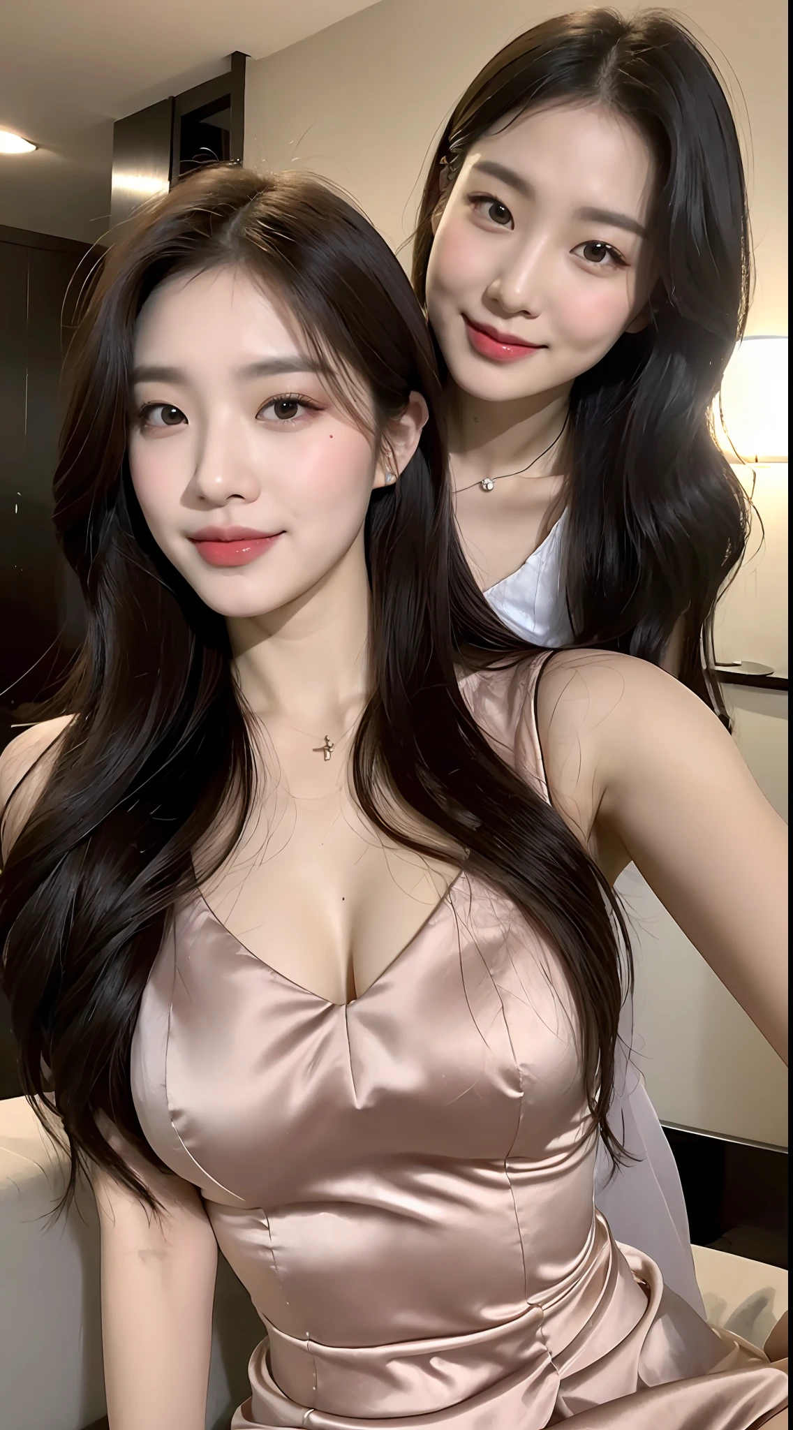 (1 Korean star with royal sister style), ((best quality, 8k, masterpiece: 1.3)), focus: 1.2, perfect body beauty: 1.4 , (smile), (Street: 1.3), highly detailed face and skin texture, fine eyes, double eyelids, whitening skin, (big wave hairstyle: 1.3), (round face: 1.5), (gorgeous evening wear: 1.4),