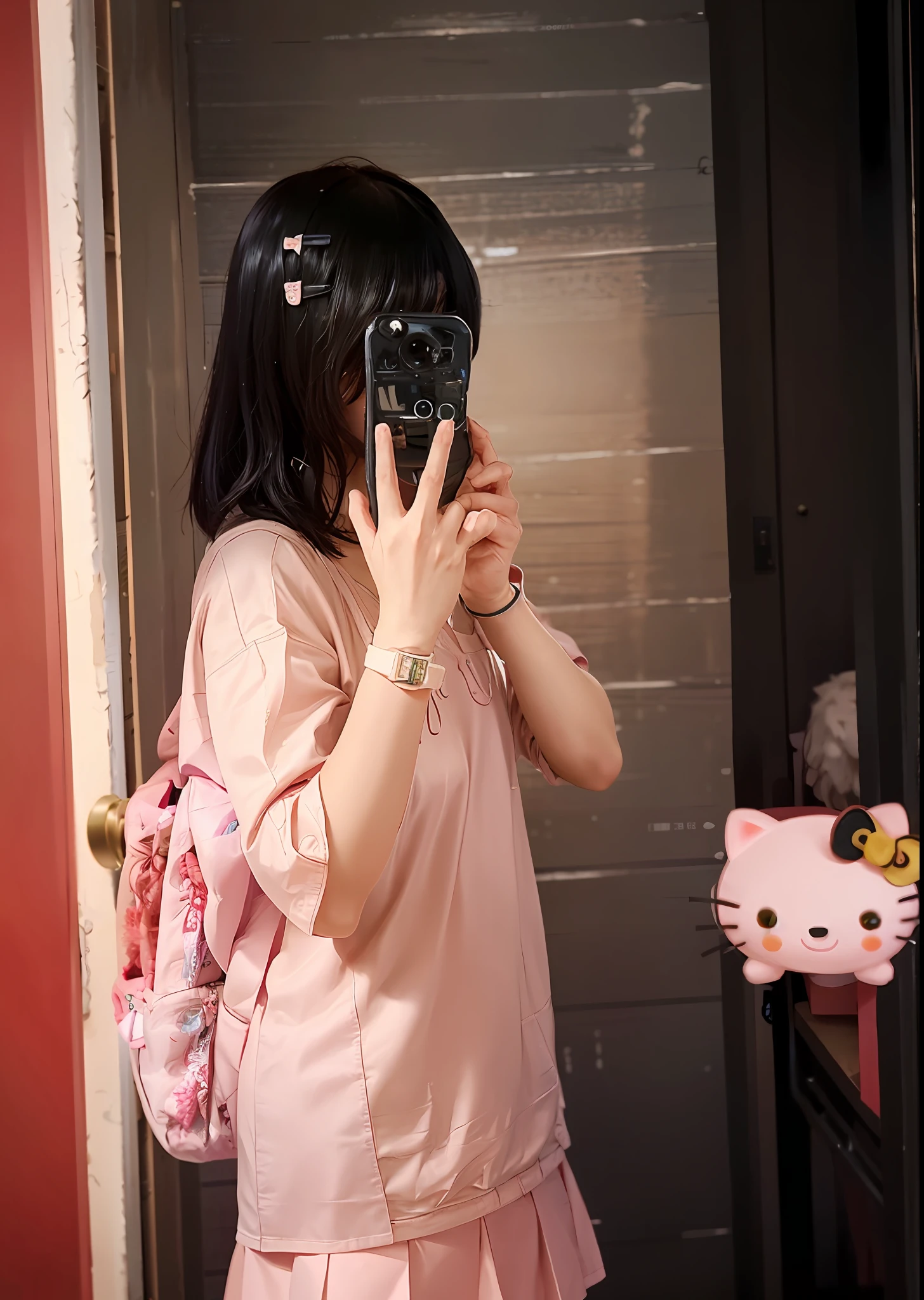 there is a girl taking a picture of herself in the mirror, ulzzang, 2263539546], very very low quality picture, taken with canon 8 0 d, 1285445247], kawaii style, taken with the best dlsr camera, with short hair, hello, student, neko