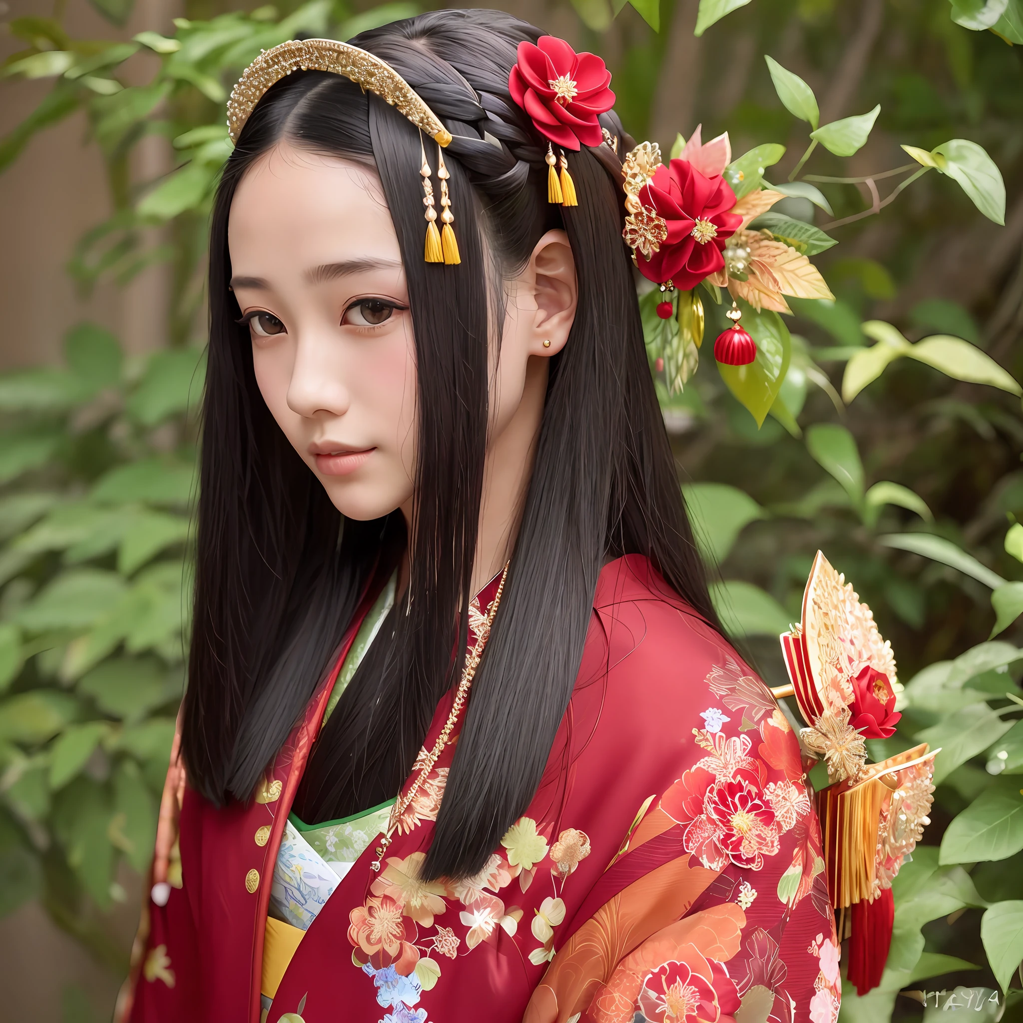 Masterpiece, ridiculous, award winning photo, very detailed, stunning, fine detail, very detailed eyes and face, photo 4 Kodak Portra 400 camera f1.6 lens rich colors, ultra-realistic realistic textures, dramatic lightingUnreal Engine trend, artstation cinestill 800 tungsten, beauty, kanzashi headwear, a woman in a kimono , wearing kanzashi headwear, long straight hair