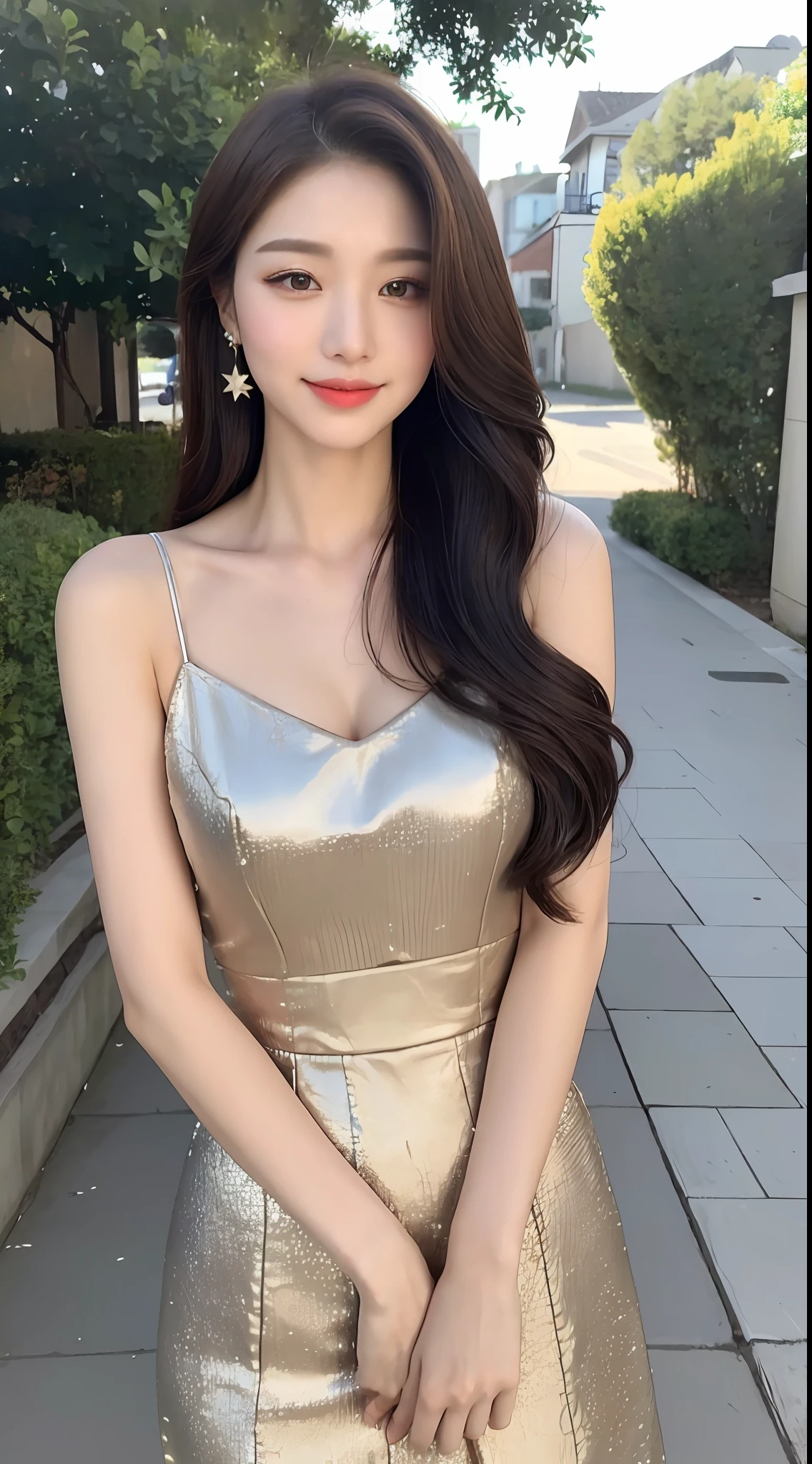 (1 Korean star with royal sister style), ((best quality, 8k, masterpiece: 1.3)), focus: 1.2, perfect body beauty: 1.4 , (smile), (Street: 1.3), highly detailed face and skin texture, fine eyes, double eyelids, whitening skin, (big wave hairstyle: 1.3), (round face: 1.5), (gorgeous evening wear: 1.4),