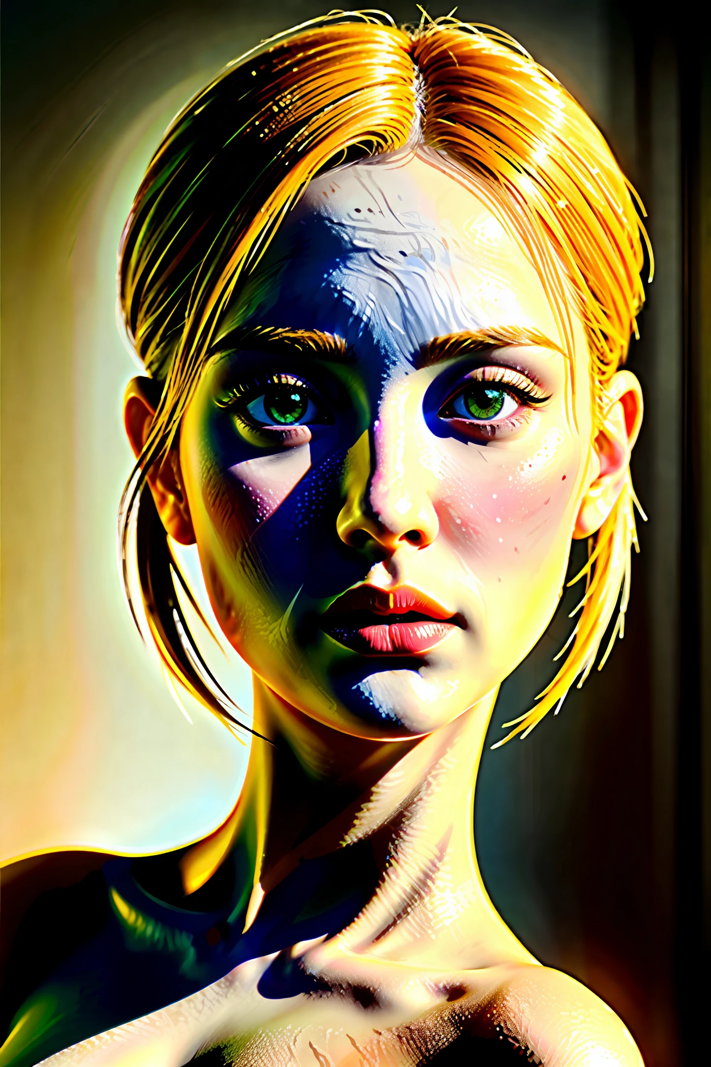 ((best quality)), ((ultra res)), ((photorealistic)), (intricate details), 19 years, blonde hair, perfect face, makeup:1.5, light on face, face detail, NAKED, short hair, large breasts