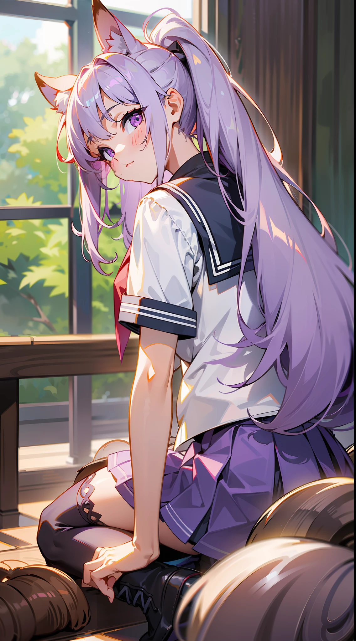 full body, uniform,beauty girl, gray long hair,introvert,purple pupils,small_breasts,,Cute Mute,light-colored shirt,over the knee socks,miniskirt,purple skirt,thighhighs, big tail,squirrel beauty girl,Squirrel tail, squirrel ears,The tail is behind,purple eyes, grey tail, grey hair, grey ears,light purple eyes,looking at viewer,(from side:1.2),( head tilt:1.65),(leaning_back:1.25),{an extremely delicate and beautiful}, extremely detailed CG unity 8k wallpaper,extremely detailed 8K wallpaper,solo,young girl,full body,lace-up boots,masterpiece, best quality, day, game_cg, girl, student, high ponytail, light smile, turning around, looking back, sitting, school uniform, seifuku,