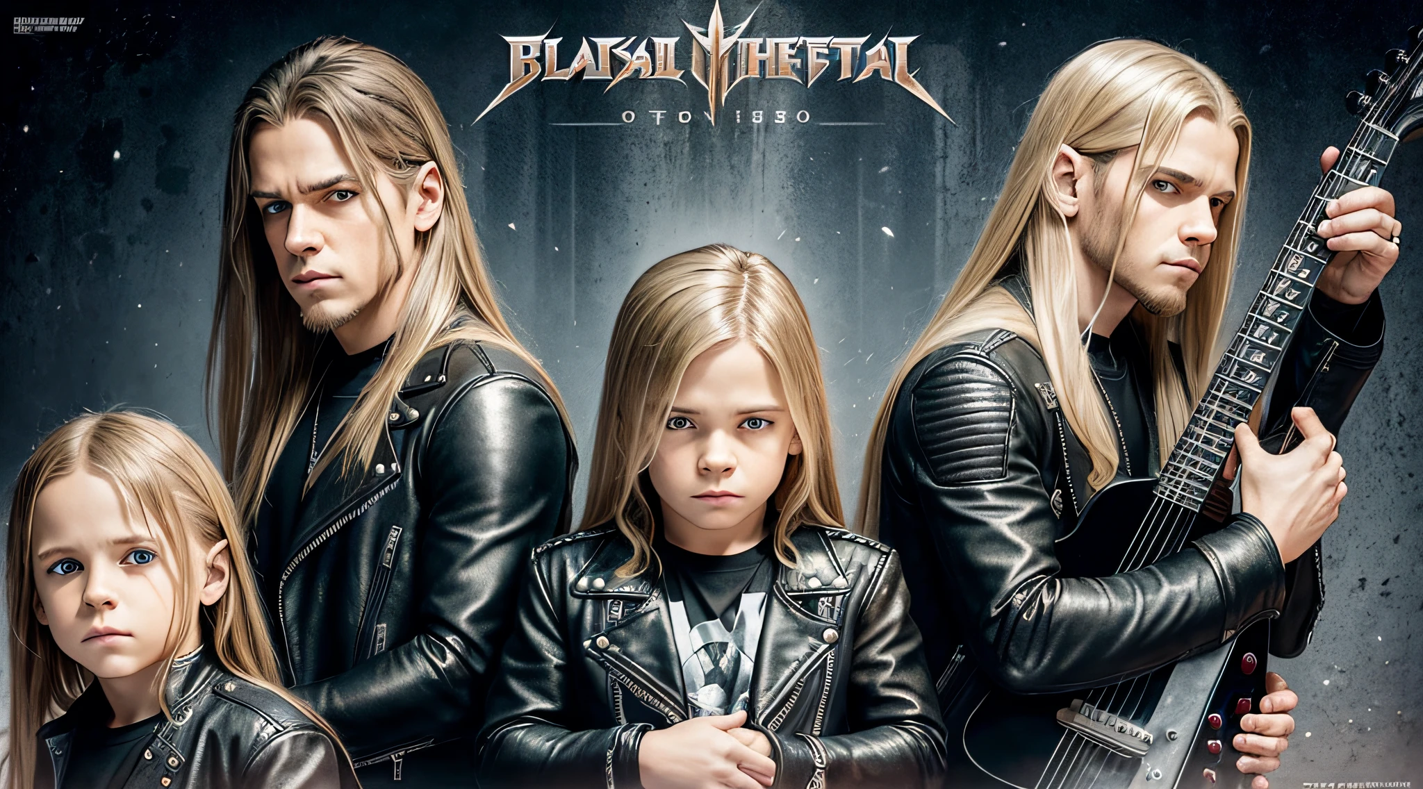 3 BOYS Russian children with 20 years WITH LONG STRAIGHT BLONDE HAIR, LEATHER JACKET AND BLACK CLOTHING, PORTRAIT STYLE, a closeup, album cover, evil album cover, alternate album cover, metal album cover, album cover, 2 0 0 6 promotional publicity photo, metallica, heavy rock band promotional photo,  Drew Struzan Tomasz Alen Kopera, album art, album cover art, Megadeth, Maiden, album, Heavy metal album cover