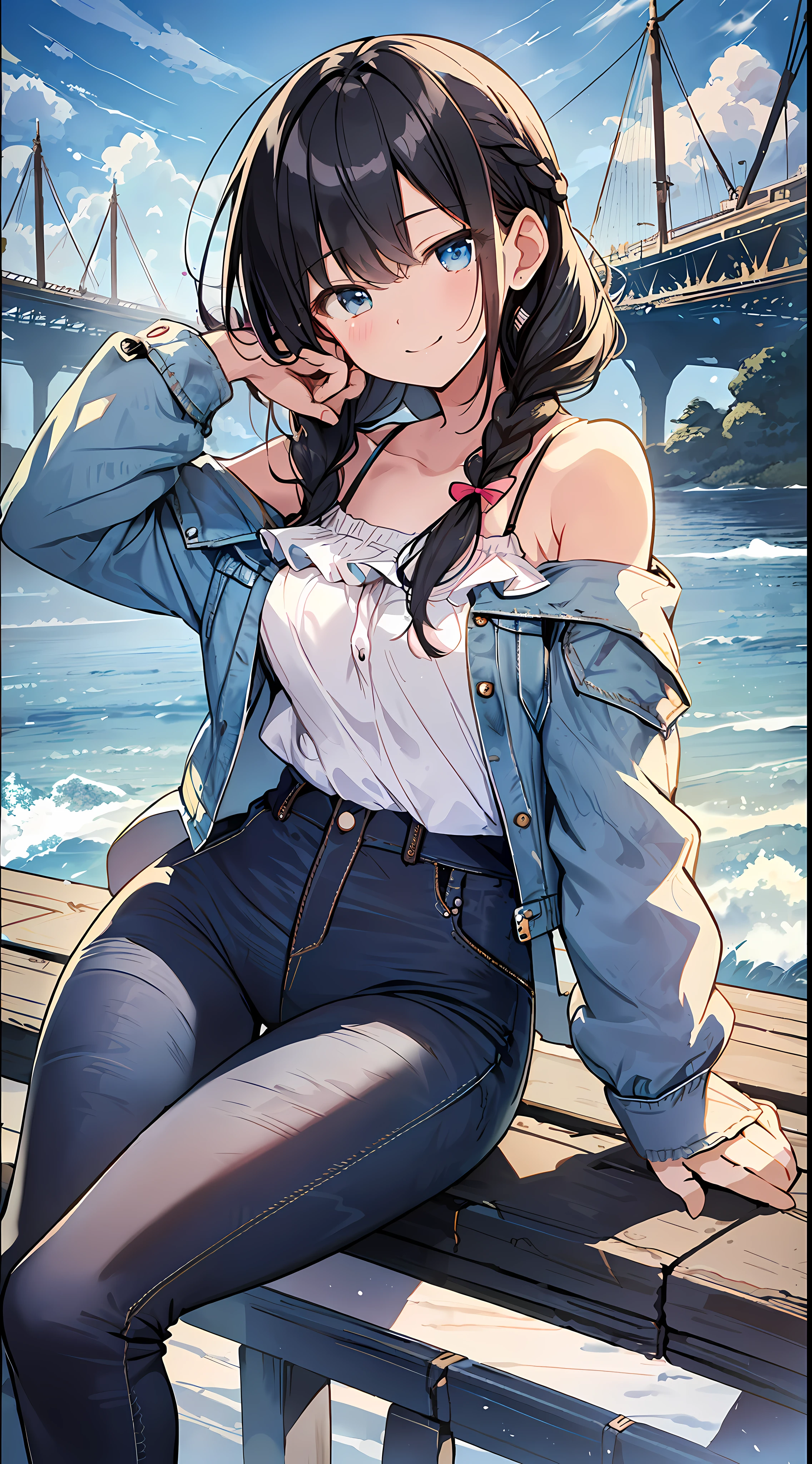 Top quality, masterpiece, ultra high resolution, 8k, summer sky, early summer, (((denim jacket, ruffled blouse, skinny pants, sneakers)), shojo manga style loli, one, soft line drawing, digital enhancement, shojo manga touch, shojo manga core, flowing fabric, close-up, (short braid with hair length to the shoulders)), wet hair, staring at us from the front, Soft drawing, beautiful black hair, clear eyes, ((teasing smile)), ultra-detailed digital anime art, clear face depiction, ultra-detailed shoujo manga character art, ultra-detailed manga style, top quality colors, hand gestures, landscape with nature, looking up at the sky, angle to see up to your feet