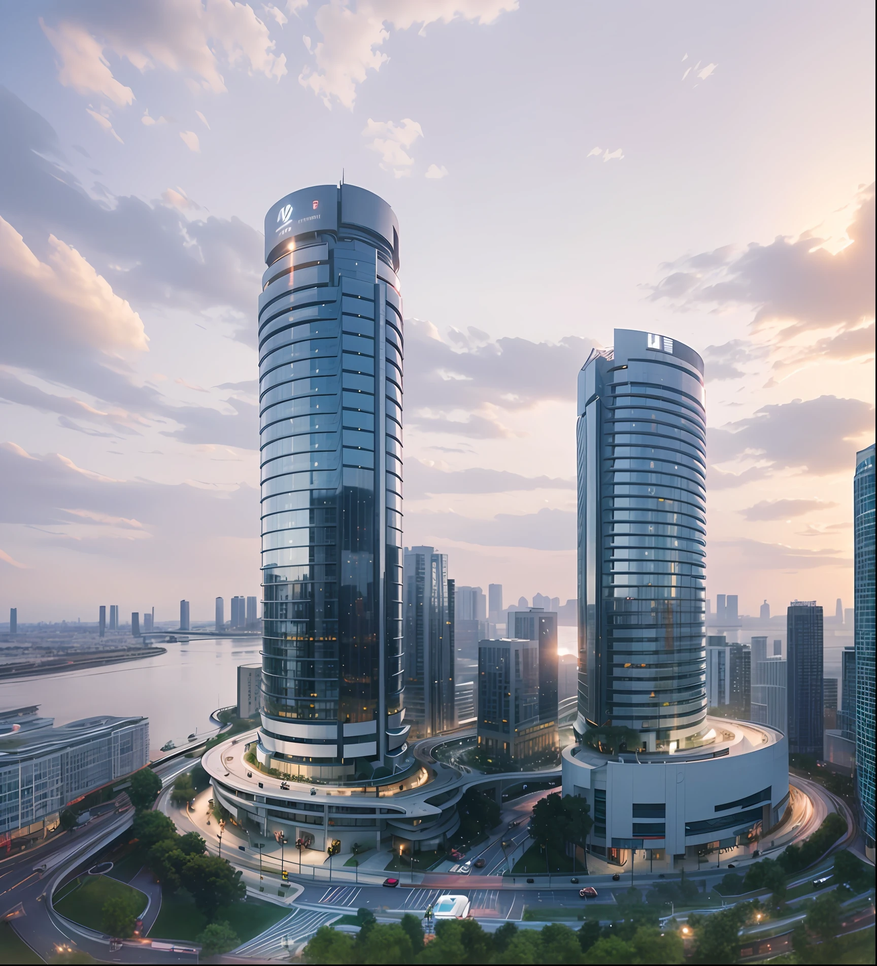 buildings in a city with a river in the background, high-rise buildings, skybridge towers, high rise buildings, circular towers, highrise business district, with tall glass skyscrapers, highrise buildings, two organic looking towers, tall buildings, skyscrapers, chrome buildings, skyscrapers on the background, sky scrapers, ultra wide-shot