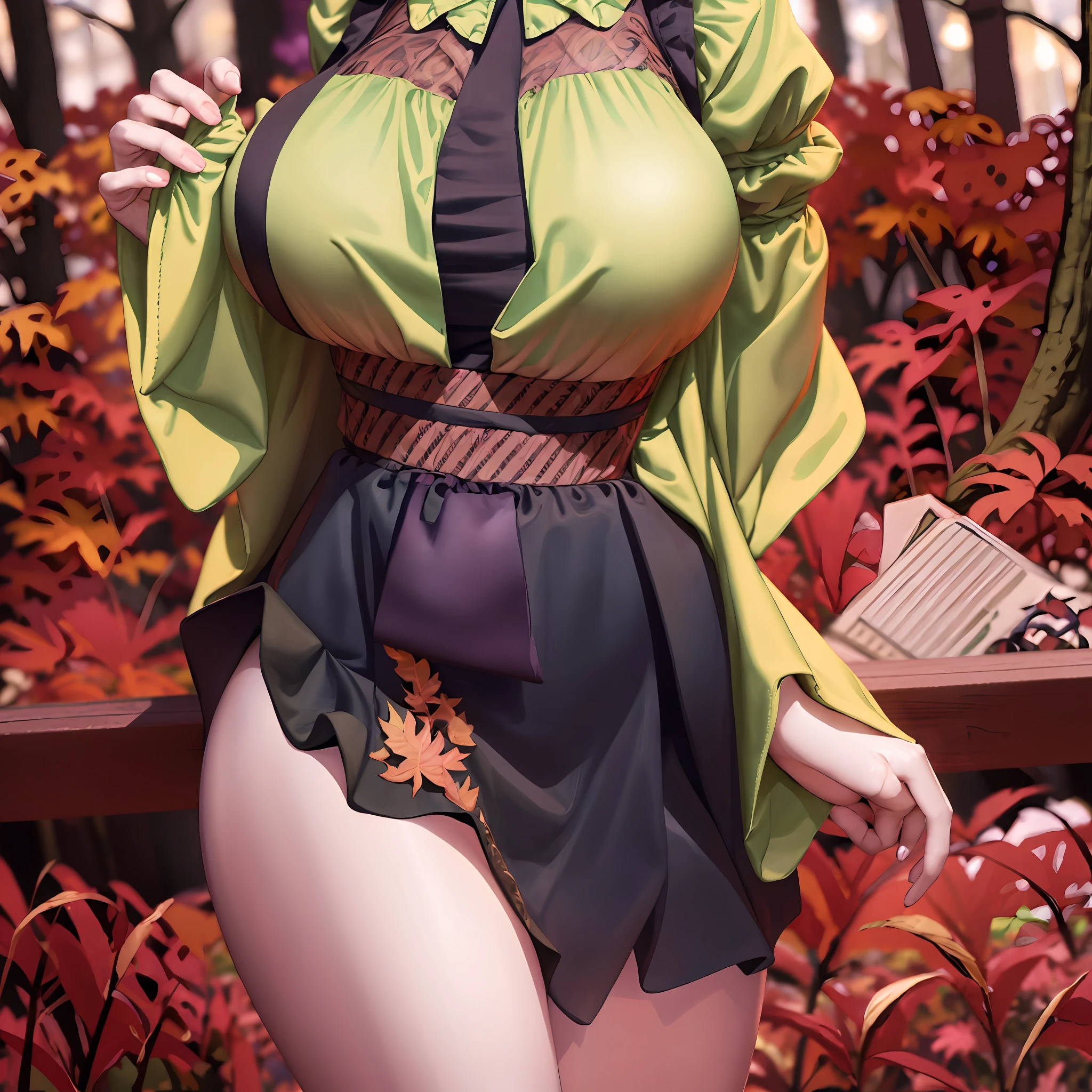 (Aki Minoriko), Mob cap, grapes, grape hat ornament, wide sleeves, shirt, skirt, apron, huge breasts, seductive smile, short hair, red eyes, thick eyelashes, wide hips, {{{Masterpiece}}}, {{{detailed}}} {{{high Resolution}}}, colorful, {{{cinematic lighting}}}, {{detailed}}, 4K, Touhou, autumn, autumn forest, 1girl, holding tray, breast rest, tray, (breasts on tray), cute, sexy,