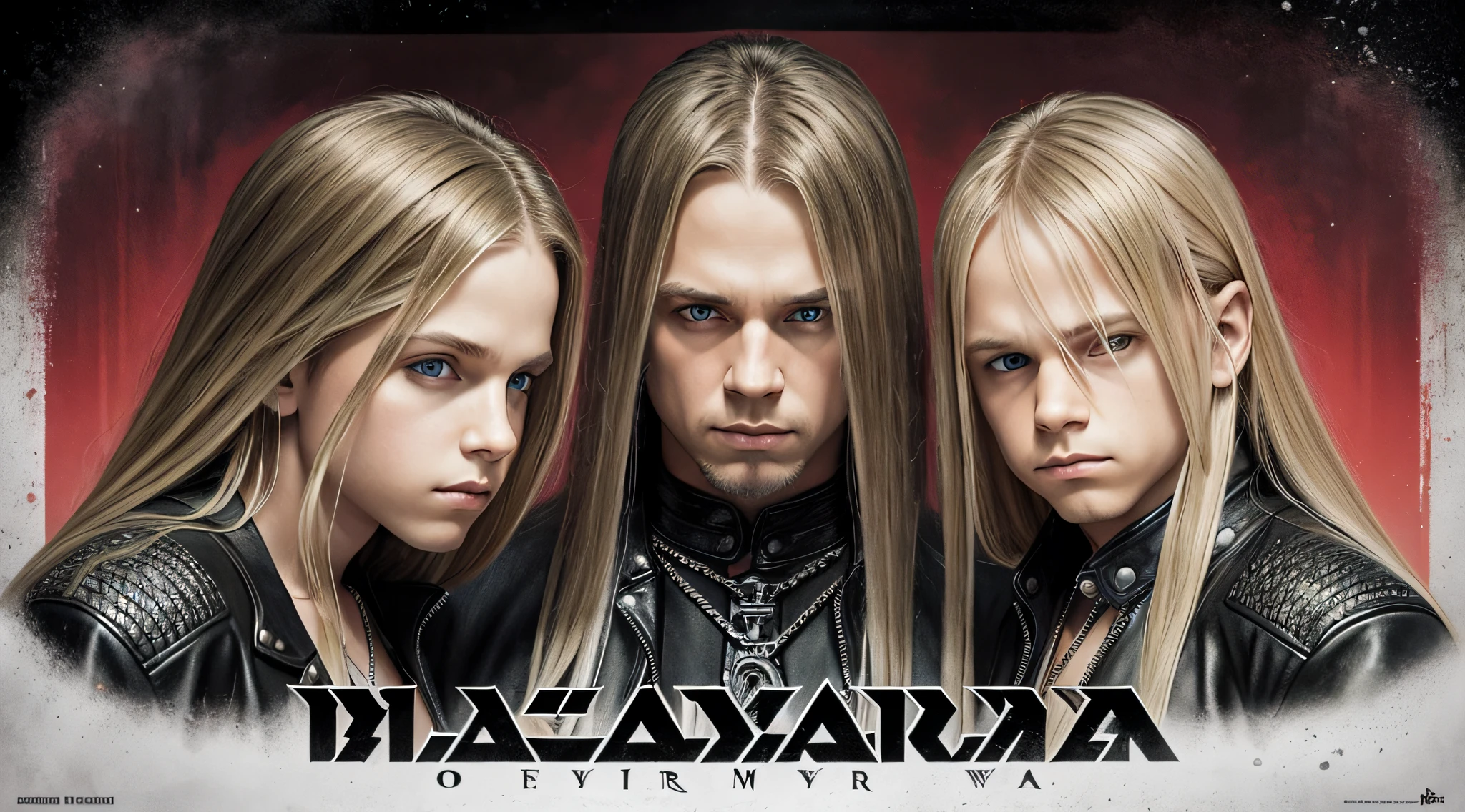 3 BOYS Russian children with 20 years WITH LONG STRAIGHT BLONDE HAIR, LEATHER JACKET AND BLACK CLOTHING, PORTRAIT STYLE, a closeup, album cover, evil album cover, alternate album cover, metal album cover, album cover, 2 0 0 6 promotional publicity photo, metallica, heavy rock band promotional photo, Drew Struzan Tomasz Alen Kopera, album art, album cover art, Megadeth, Maiden, album, Heavy metal album cover