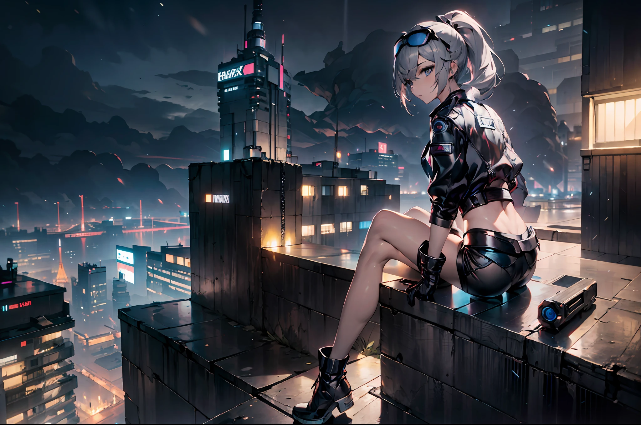 overlooking a city, night, (slim), slender, from behind, sitting, (shadow), blurry background, [detailed eyes],  focused, 1girl, (solo:1.2), ((masterpiece)), (small breasts), pale skin, gloves, ((detailed surroundings)), (black shorts:1.2), high boots, silver hair, exterior, sitting on the (edge of a rooftop), ponytail, shorts, cyberpunk, jacket