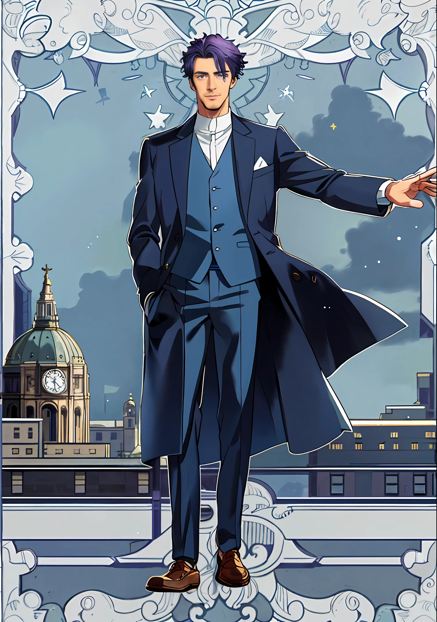 (City view: 1.1 + British style: 1.1), a masterful picture quality work, the protagonist is a handsome man in his thirties and forties, with single hair, purple hair, blue pupils, wearing shabby lawyer clothes, coats, and the background is British style, generating a higher resolution picture.