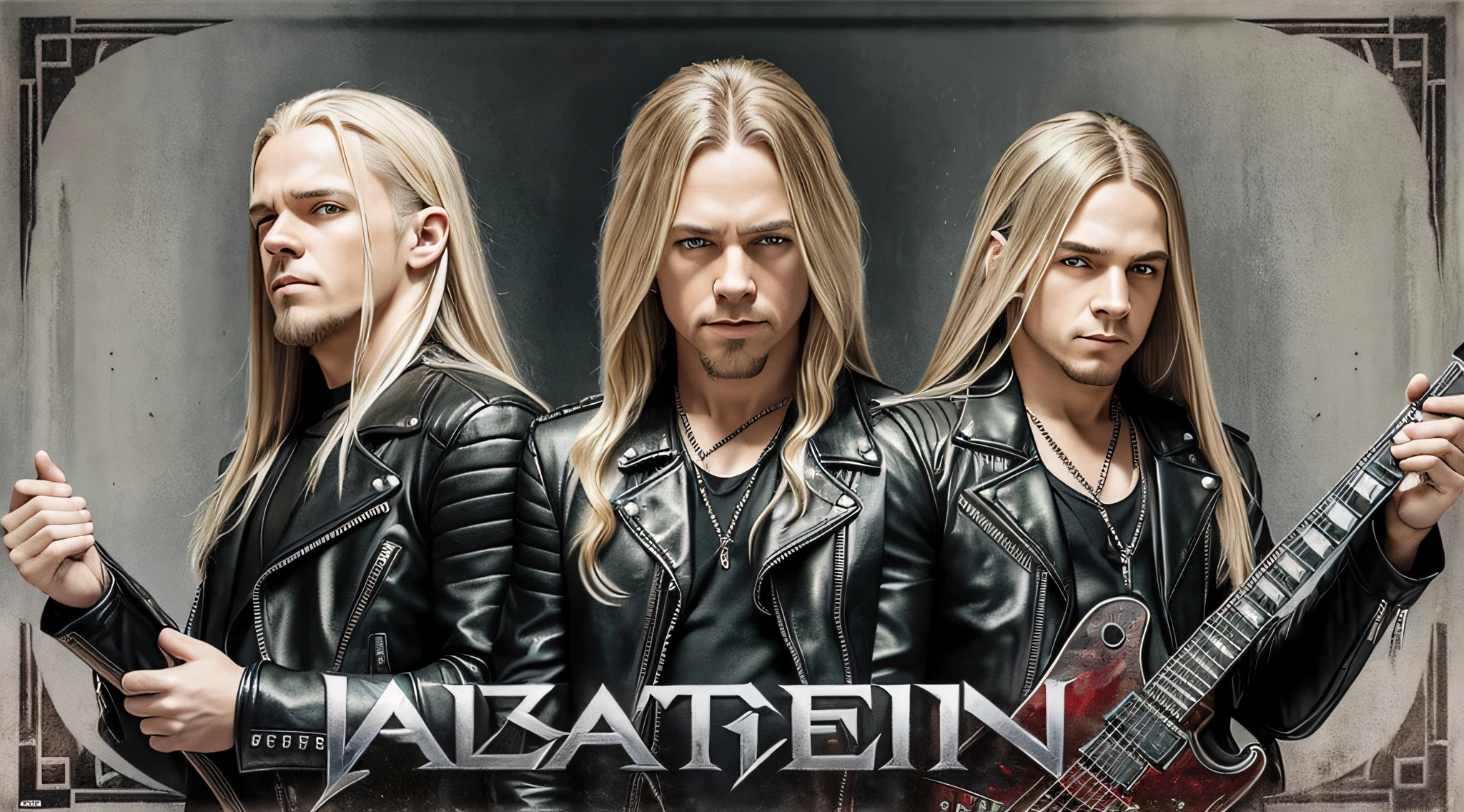 3 BOYS Russian children with 20 years WITH LONG STRAIGHT BLONDE HAIR, LEATHER JACKET AND BLACK CLOTHING, PORTRAIT STYLE, a closeup, album cover, evil album cover, alternate album cover, metal album cover, album cover, 2 0 0 6 promotional publicity photo, metallica, heavy rock band promotional photo, Drew Struzan Tomasz Alen Kopera, album art, album cover art, Megadeth, Maiden, album, Heavy metal album cover