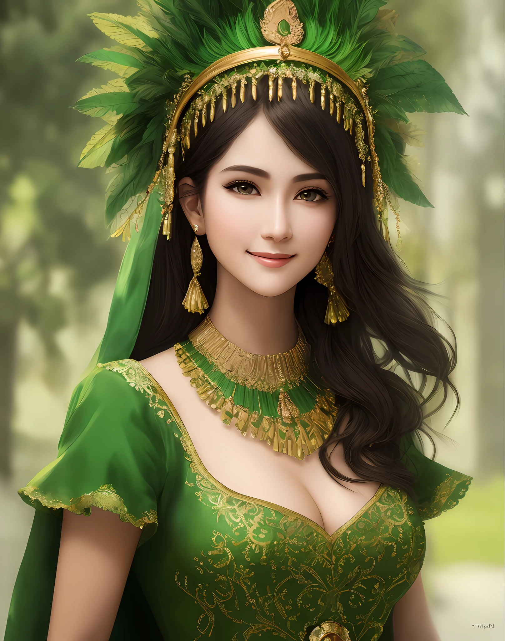 Masterpiece, absurdres, fine detail, HDR, highly detailed face and eyes, photorealistic,smiling,  beautiful tkd_woman,  a woman in a green dress and a green headdress , perfect tkd_face, perfect tkd_body