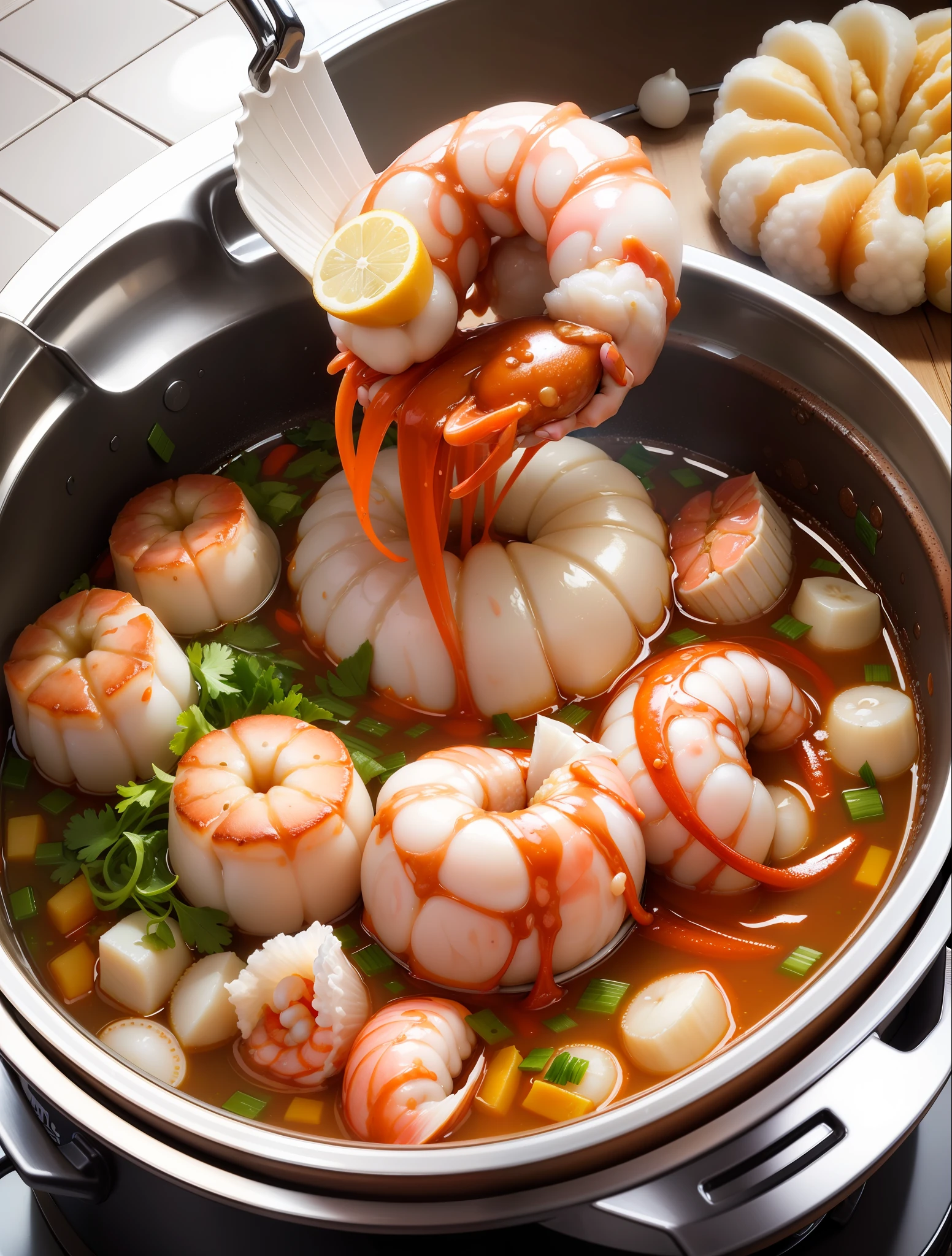 Pour the fish balls, squid, scallops, shrimp and other ingredients from the plate into the pot one by one --auto --s2