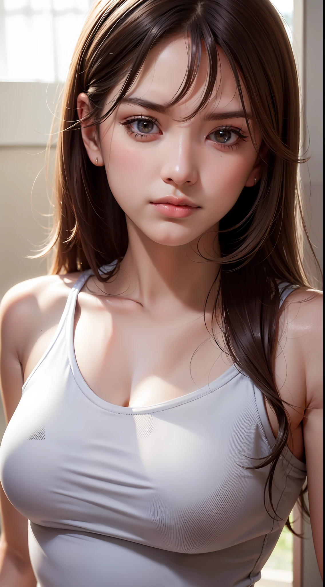 upper body, masterpiece, best quality, raw photo, photorealistic, big, face light, shiny skin, high resolution, ultra detail, detail, detailed eyes and face, sharp pupils, realistic pupils, sharp focus, shiny skin, cute smile, brown hair, sporty clothes, long hair