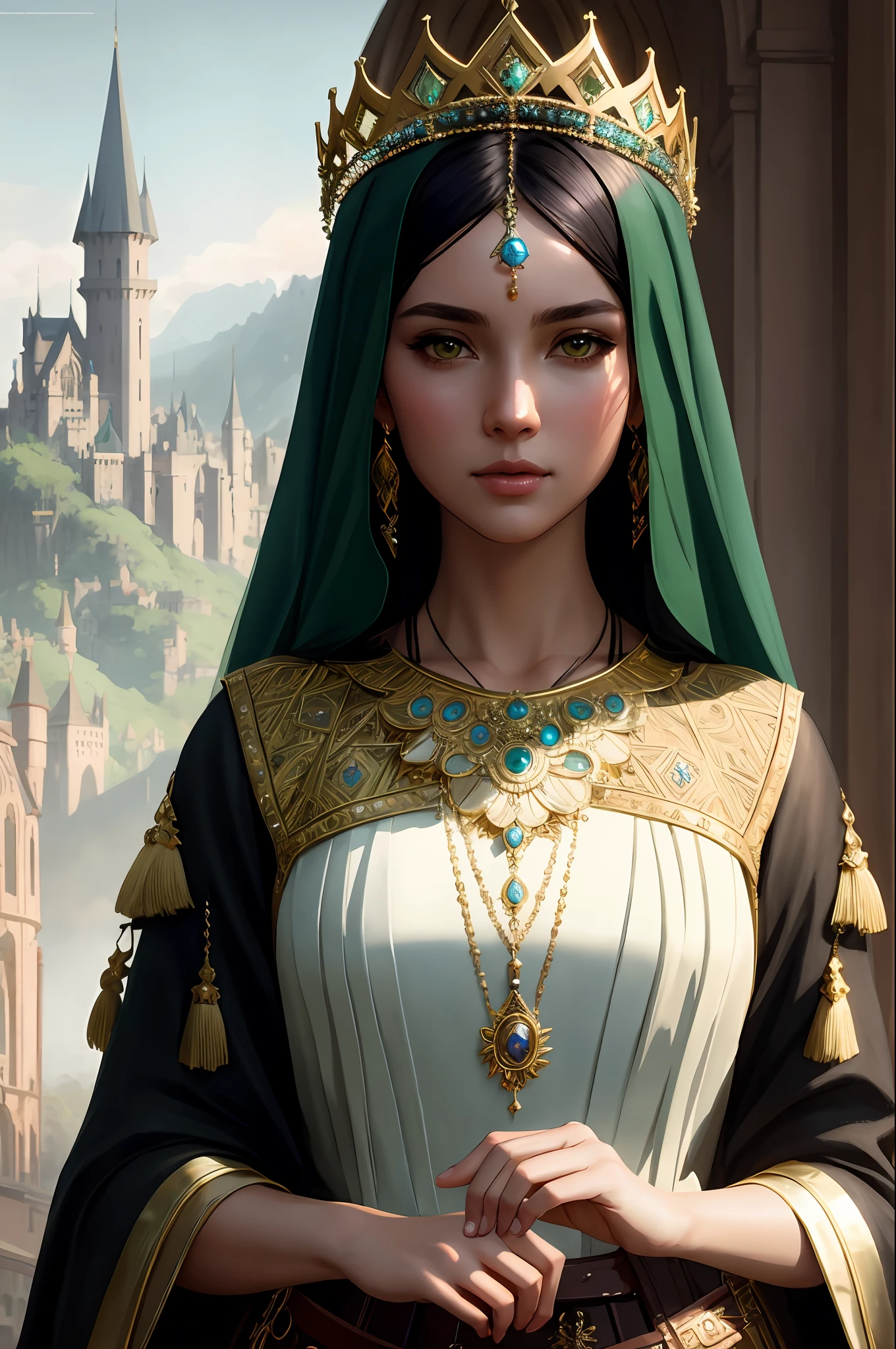 modelshoot style, (very detailed CG unity 8k wallpaper), full-body photographs of the most beautiful artworks in the world, English medieval witches, green valleys, pearl skins, gold crowns, diamonds, medieval architecture, Ed Blinkey's professional majestic paintings, Atey Ghailan, Studio Ghibli, Jeremy Mann, Greg Manchess, Antonio Moro, trends on ArtStation, Trends on CGSociety, Intricate, High Detail, Sharp focus, dramatic, photorealistic painting art by midjourney and greg rutkowski