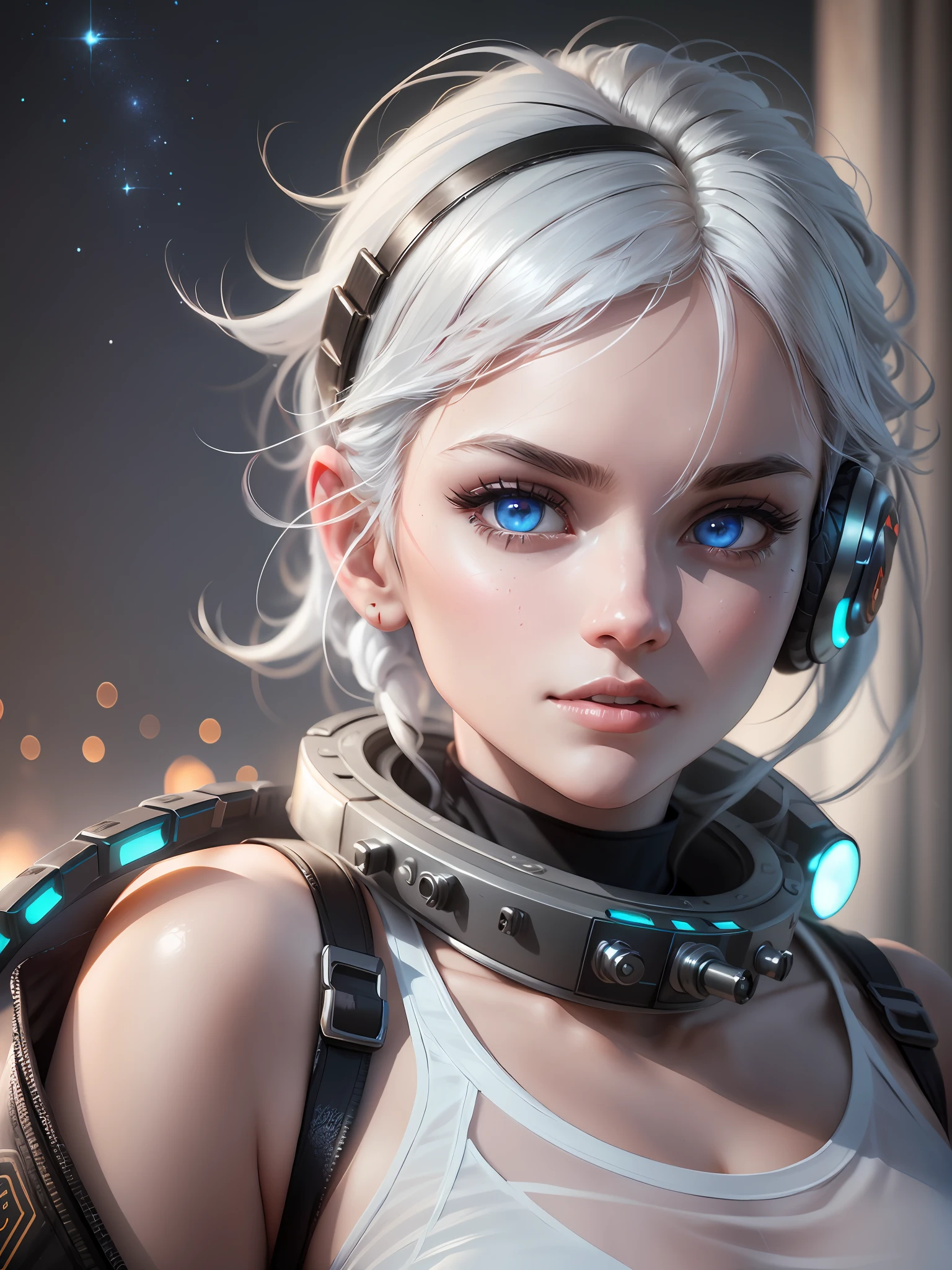 (on the moon, space, looking back into earth), white hair, black tank top, volumetric lighting, white jacket, glowing headphone, cyberpunk, futuristic, multi-color eyes, detailed eyes, hyper detailed,light smile,

highly detailed, beautiful, small details, ultra detailed, best quality, intricate, hyperrealism, sharp, digital illustration, detailed, realism, intricate, 4k, 8k, trending on artstation, good anatomy, beautiful lighting, award-winning, photorealistic, realistic shadows, realistic lighting, beautiful lighting, raytracing, intricate details, moody, rule of thirds, masterpiece, (illustration:1.1), highres, (extremely detailed CG, unity, 8k wallpaper:1.1), beautiful face, highly detailed face,  ultra realistic, masterpiece, bokeh, extremely detailed, intricate, zoomout,

colorful, vibrant colors, red nail polish, side view,