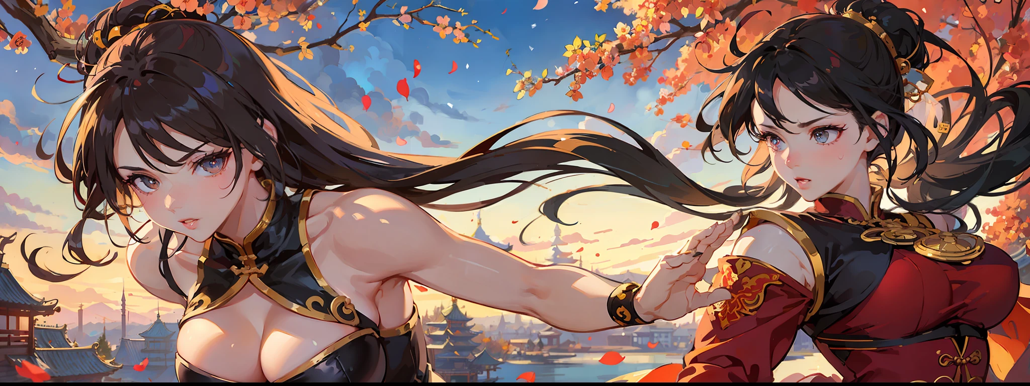 ((Best Quality, 8K, Masterpiece: 1.3)), Chun Li, Masterpiece, Ultra Detail, Ultra HD, 8K, ((Black Pantyhose)), White High Boots, Street Fighter Chun Li, 1girl, Solo, Best Quality, Realistic, Ultra Detailed, (Shiny Skin, Sweating: 1.4), Looking at the Audience, Brown Eyes, Slender, Dynamic Light and Shadow, High Resolution, Sharp Focus, Depth of Field, Fine Eyes, Sharp Pupils, Realistic Pupils, (Thigh Thickness: 1.3), Outdoor, Sky, Detailed Eyes, Backlight, Best Light and Shadow, Intricate Details, Ultra Detailed Details, Capcom Chunli, Upper Body Close-up, Small Thin Waist, Slim Abdomen, Character Standing, Sideways, Looking Back, Big Eyes, Long Eyelashes, Delicate Nose, Instagram Style Girl, Kung Fu Pose, (Upper Body: 1.5), Above the Waist Frame, Perfect Digital Illustration, Computer Background, Wind, Petals, Long Flowing Hair, Artistic Conception, Messy Red Petal Background, Ancient Chinese Architecture, Temple, Temple, Mountain Road Behind You