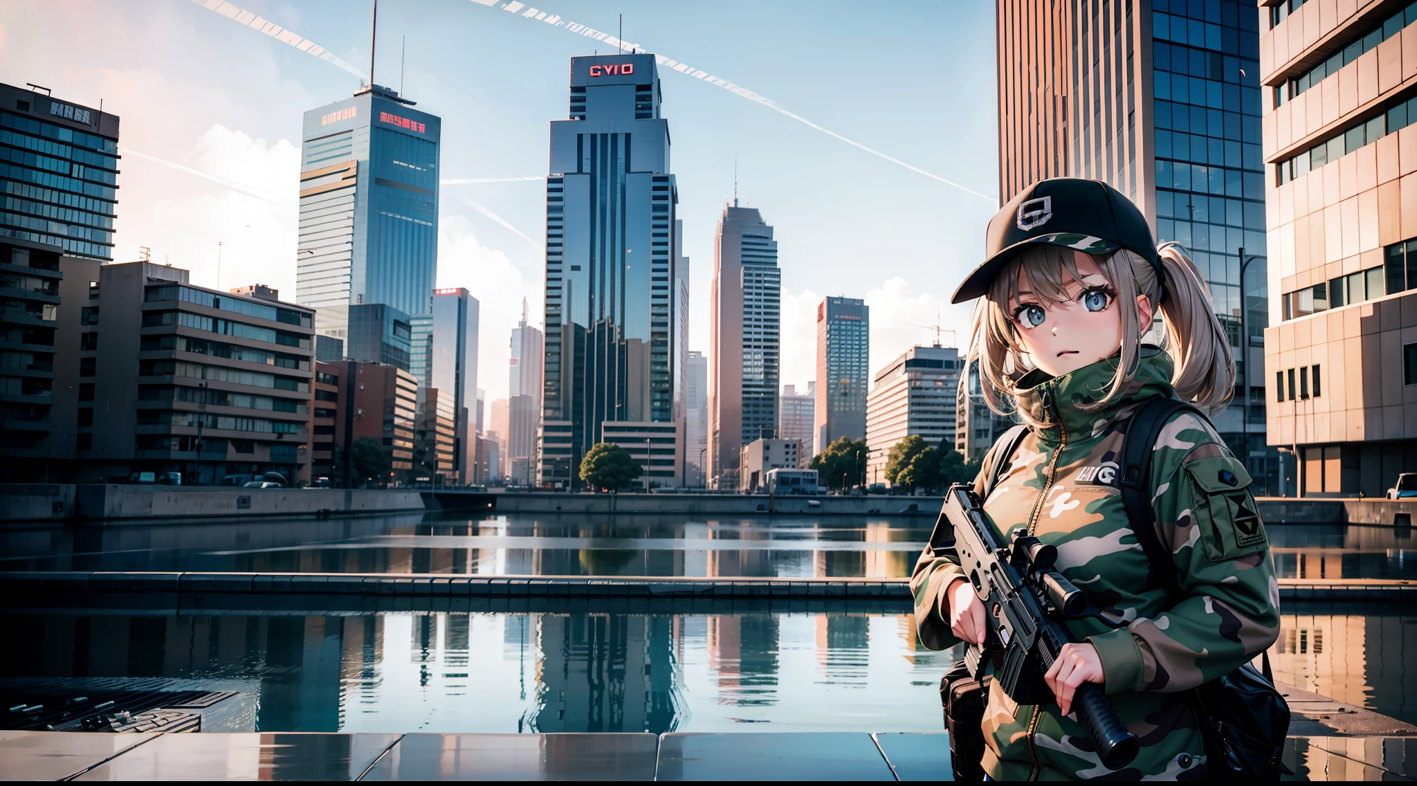 urban camouflage, urban battle, shooting girl, CQC, high quality, destroyed city