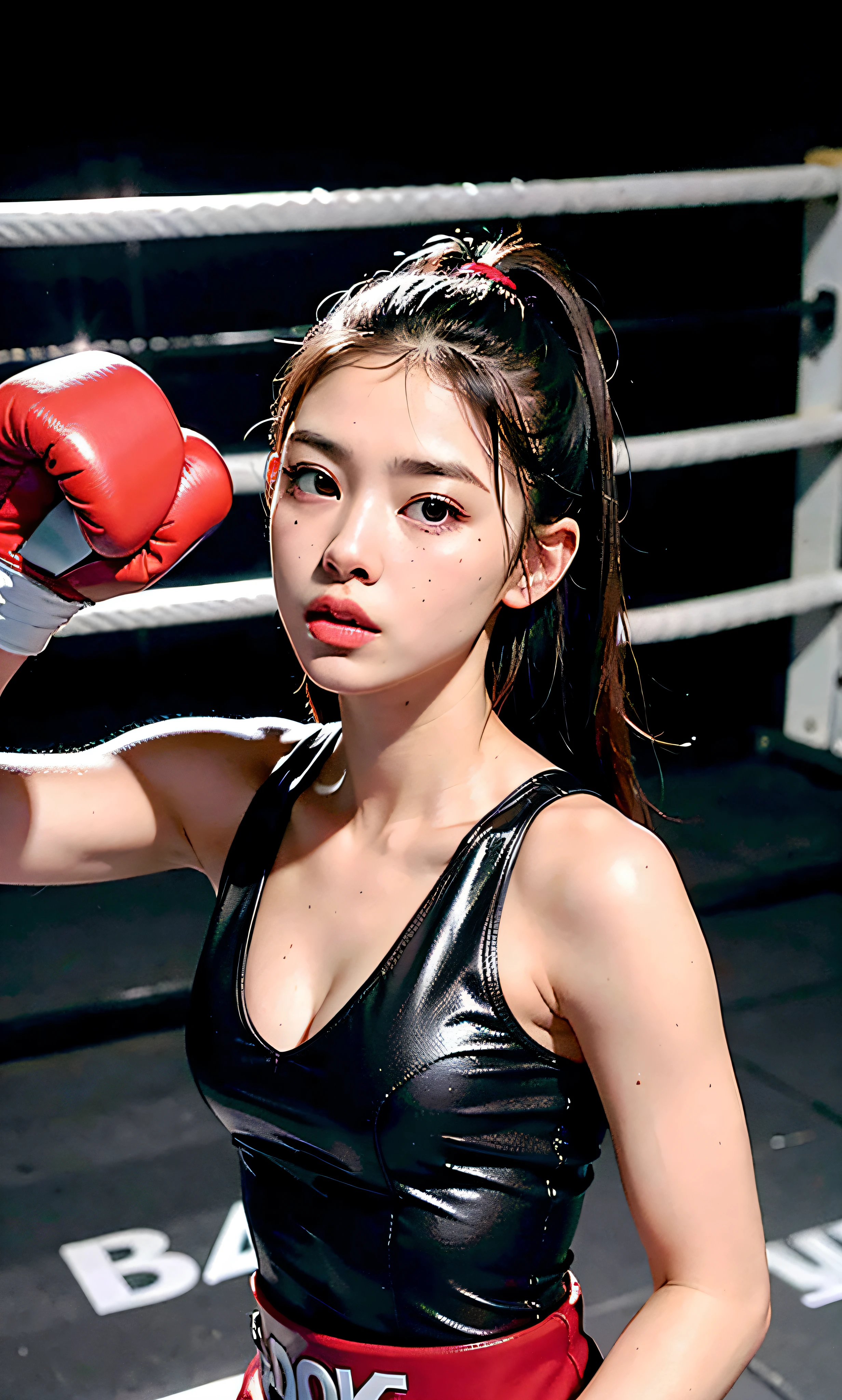 "Ultra high definition, 4K photos, more realistic quality, backlit to highlight the figure of an elegant small breasted woman, her high size and standing out, boxing clothes, punching, brave face, fight, chin-punching, knockout shiny latex
