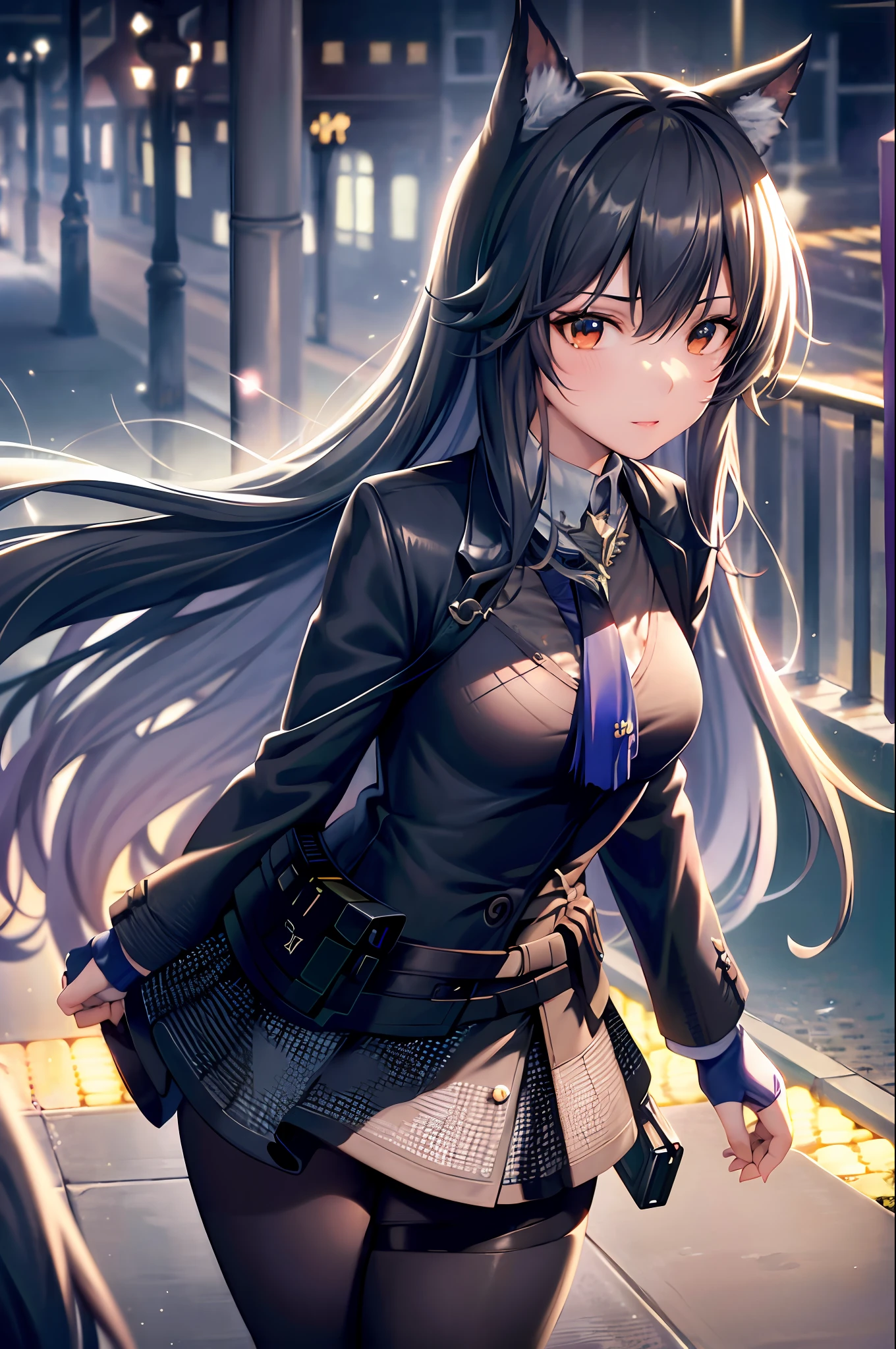(8k, RAW photo, best quality, master:1.4), ultra high res, (realistic, photo-realistic:1.48),omertosa,1girl,(Kpop idol), (aegyo sal:1), cute, (super bokeh night Downtown: 1.25), Bokeh, Night, Traffic Lights, Road Signs, Rain, After Rain, Humidity, Professional Lighting, Detail Lighting, Photon Mapping, Radiosity, Physically Based Rendering, Black Pantyhose Bloom, Backlighting, Depth of Field , natural lighting, hard focus, film grain, one meter shooting distance, professional shot, shot with Sony a9 II mirrorless camera, detailed eyes, realistic eyes, detailed shadows, looking at viewer, dog ears, detailed lighting, skirt, black dress, long legs, black stockings, (detailed hair, realistic hair, realistic lighting, realistic shadows, realistic clothing), realistic skin, (gun on waist: 1), from above Realistic light reflections, ((back of arms)), (back of hands), tube top, sexy