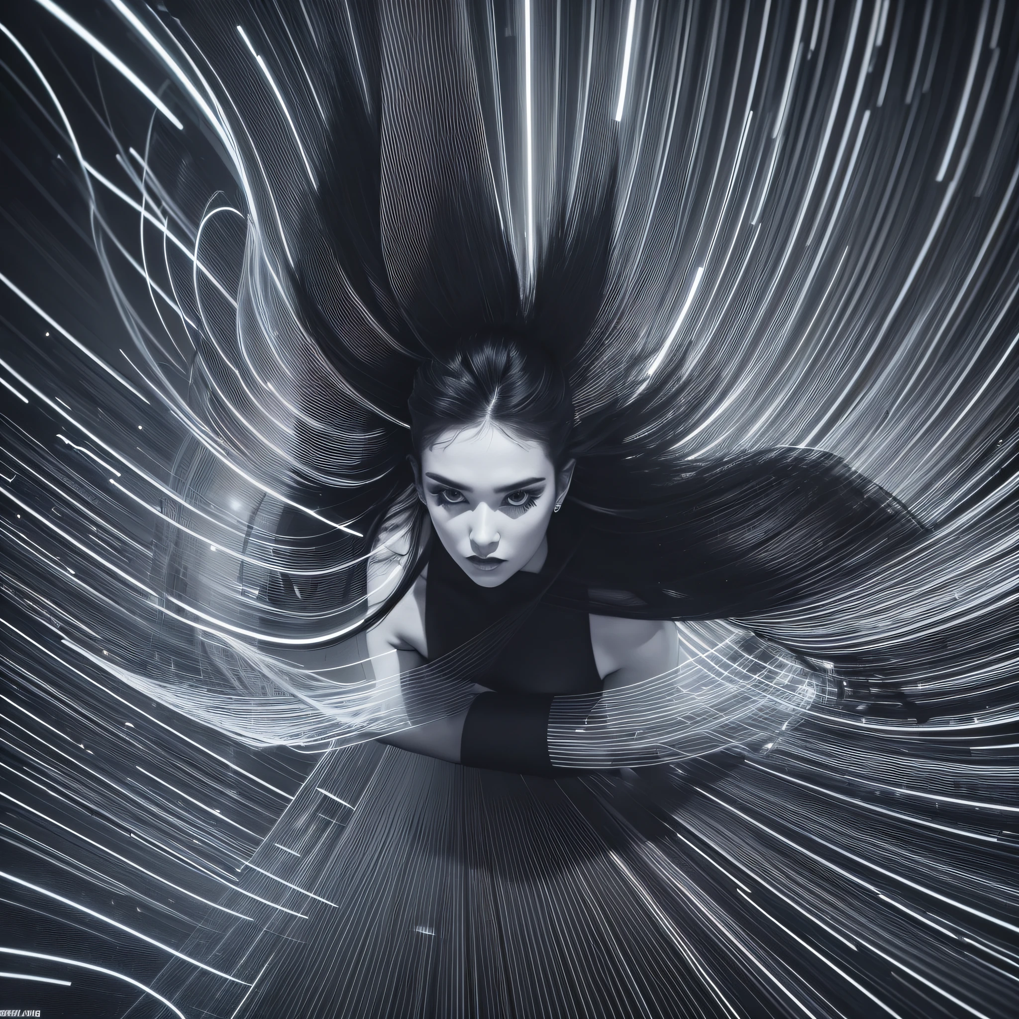 Photography of a model in an avant-garde black and white outfit captured in motion against a neon-lit backdrop. The shot has an upward angle and captures the flowing movement of fabric. --auto --s2